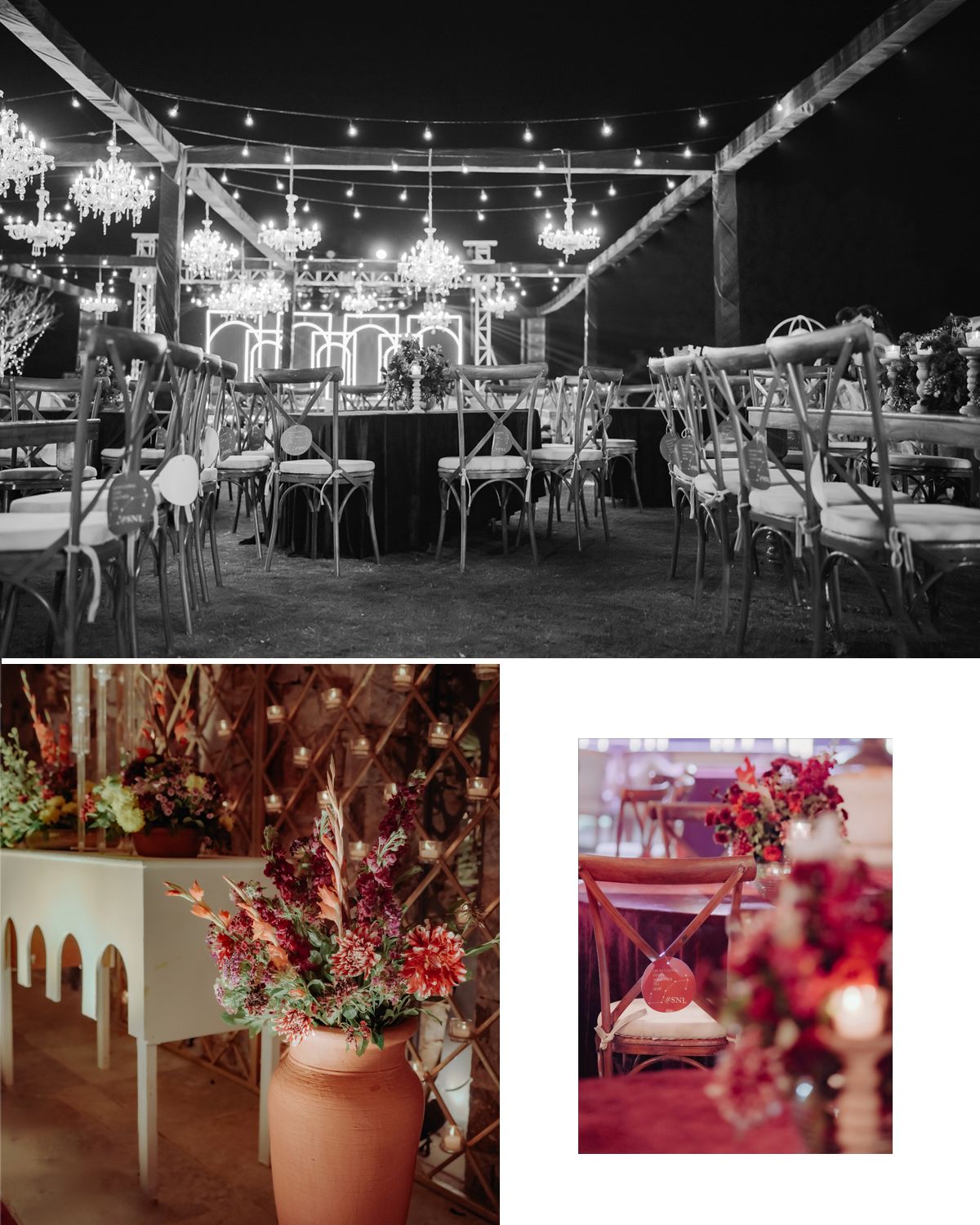 Black and white photo of an outdoor wedding reception setup with string lights and rustic chairs under an open tent.