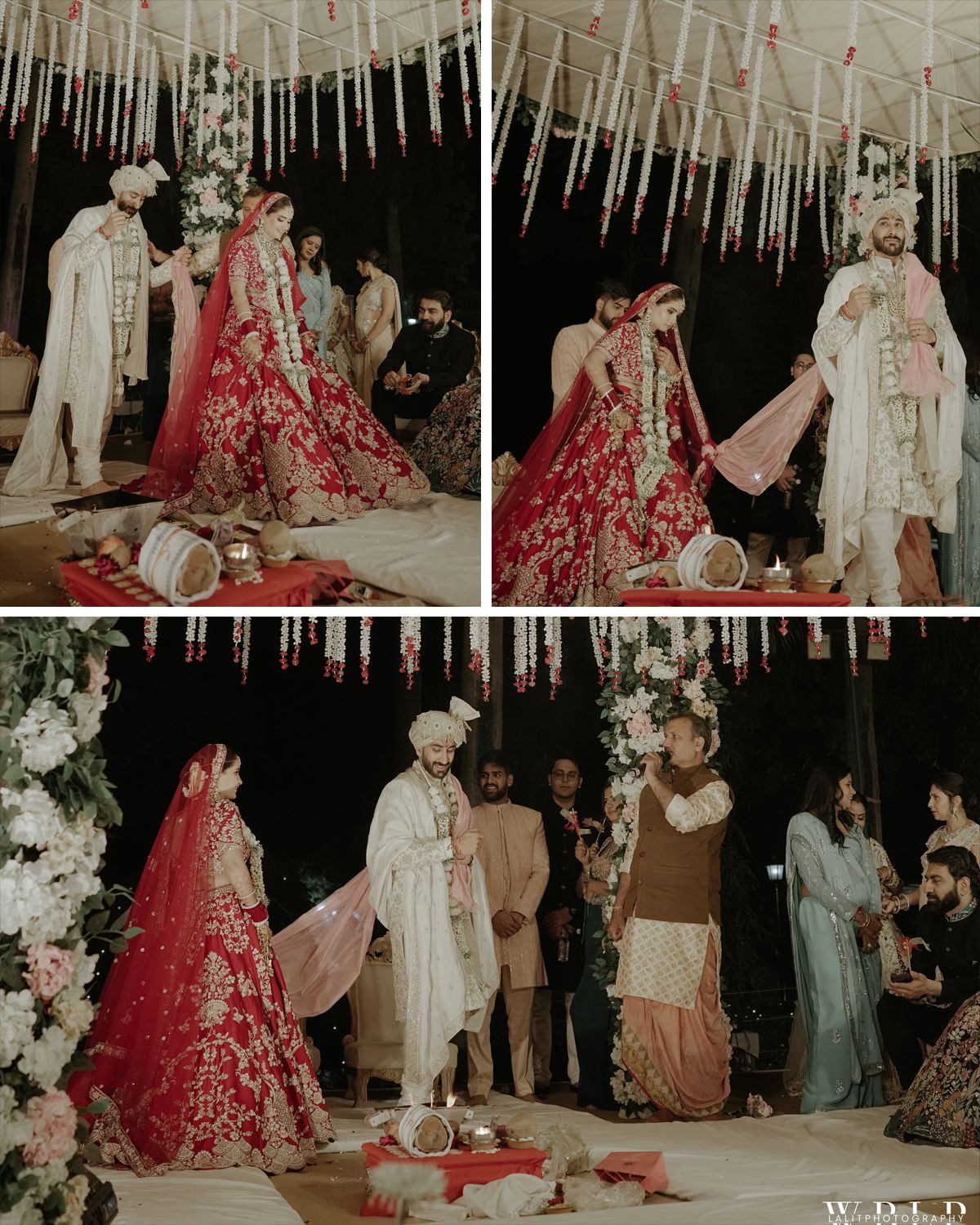 Traditional Indian wedding ceremony moments captured under hanging white decorations.