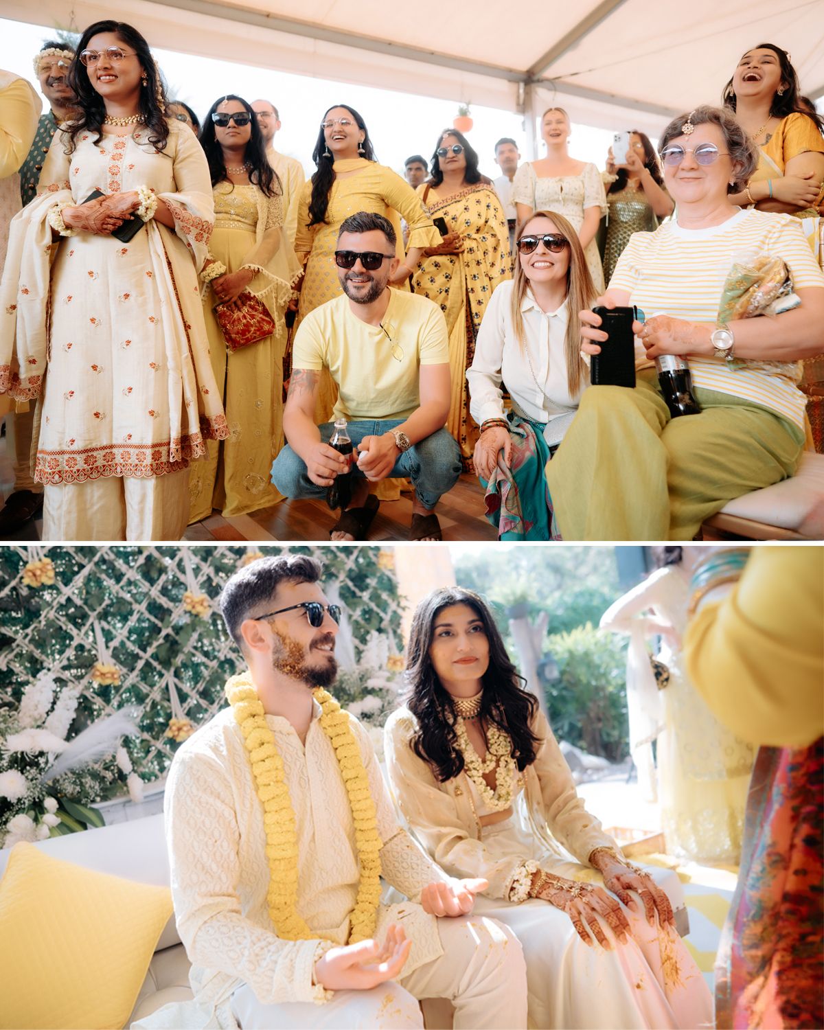 Guests gathered at an outdoor celebration wearing traditional yellow and cream colored outfits.