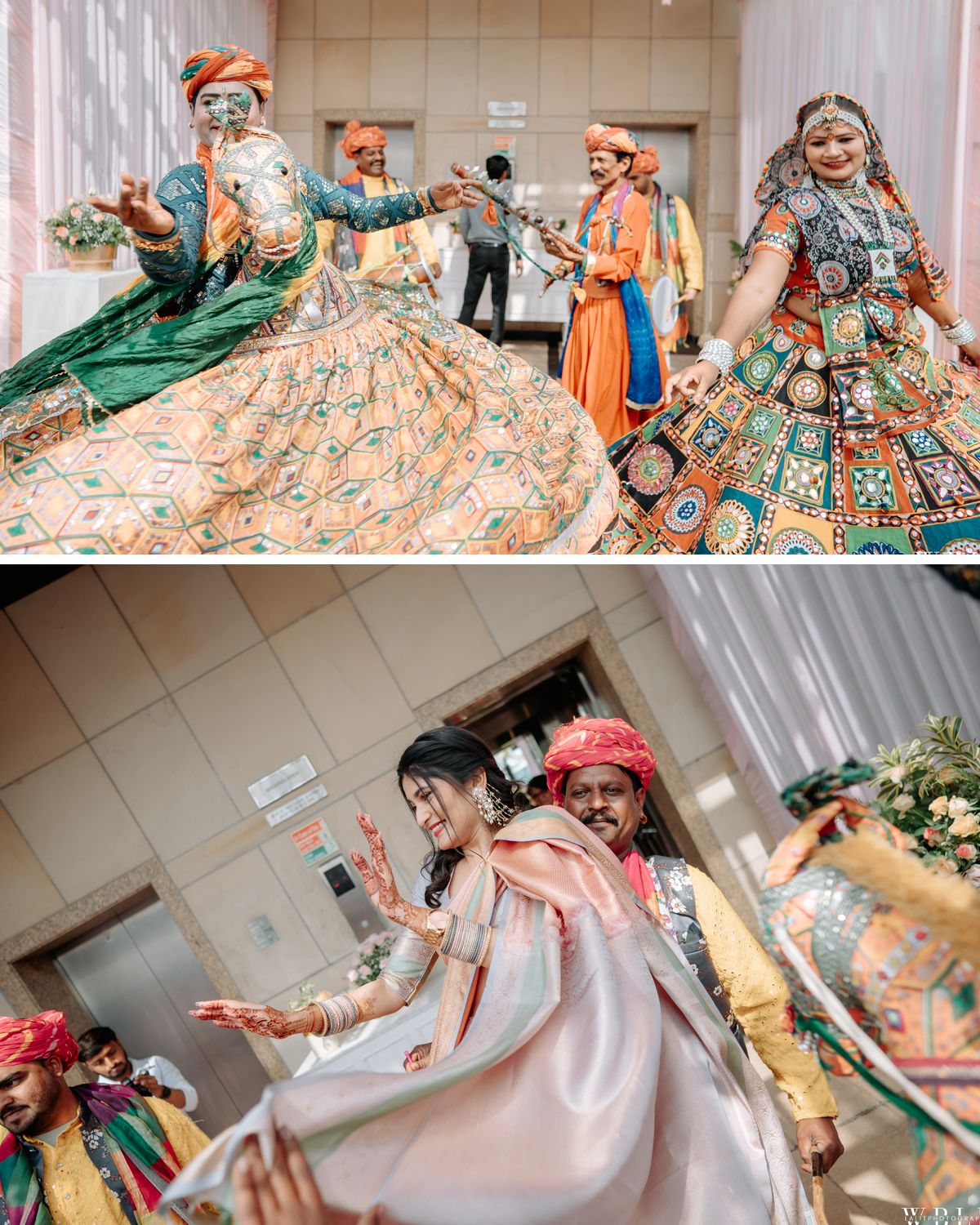 Vibrant traditional Indian wedding celebration with colorful lehengas and dancing.
