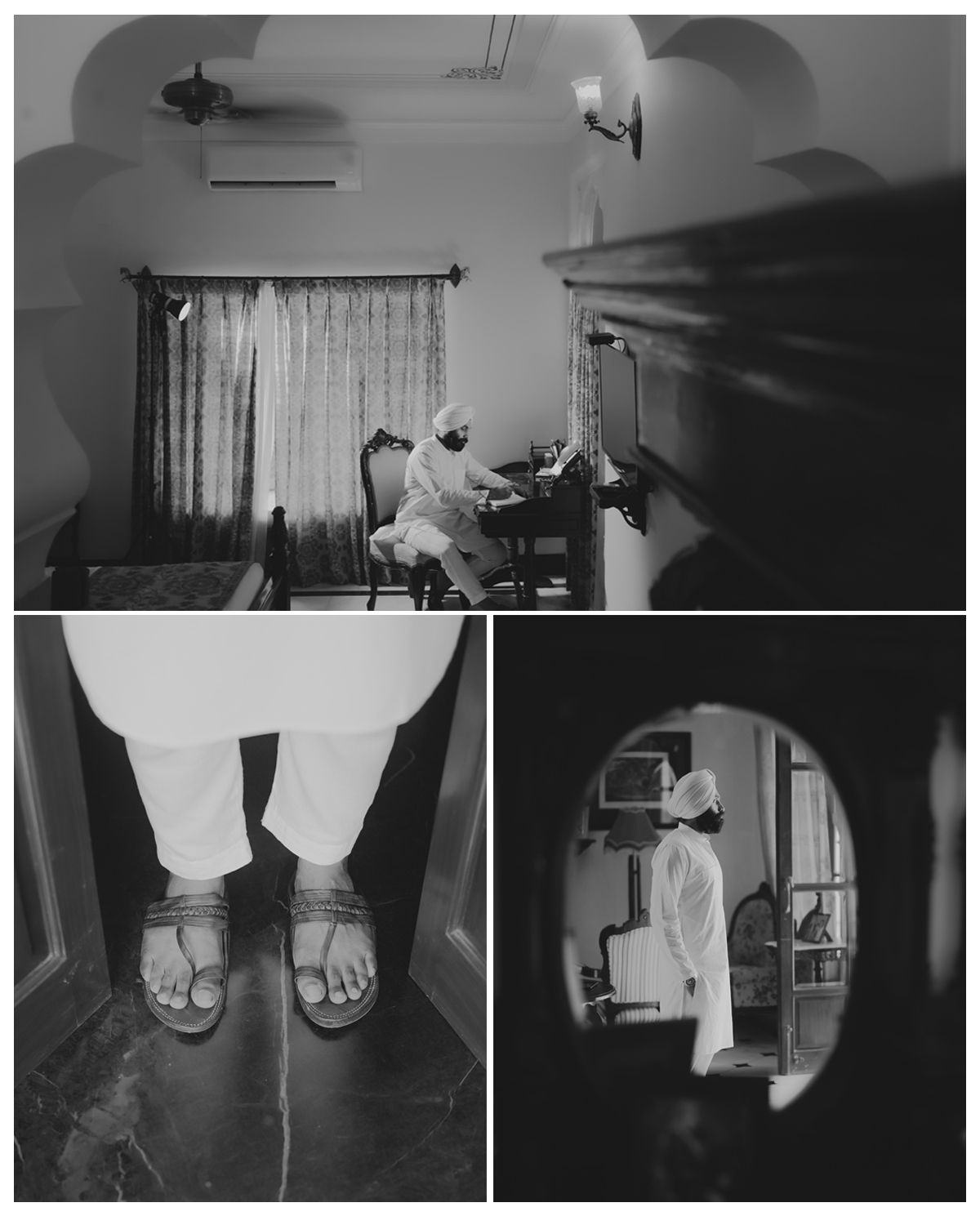 Three black and white photos show interior scenes with vintage decor and someone at a piano.