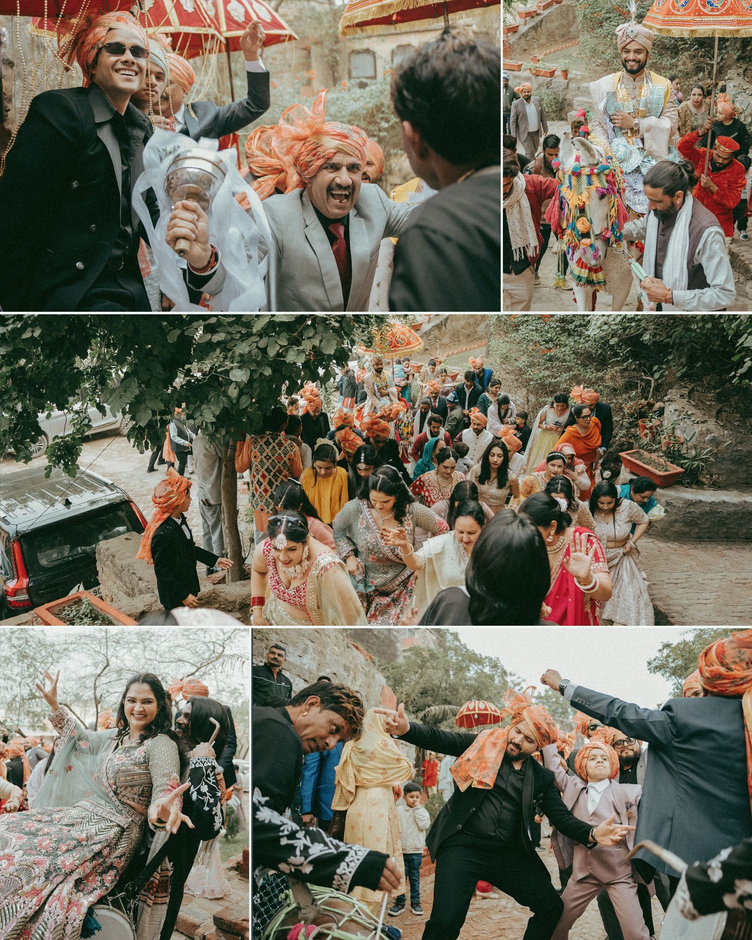 Vibrant Indian wedding baraat procession with guests dancing, colorful turbans, and festive celebrations outdoors.