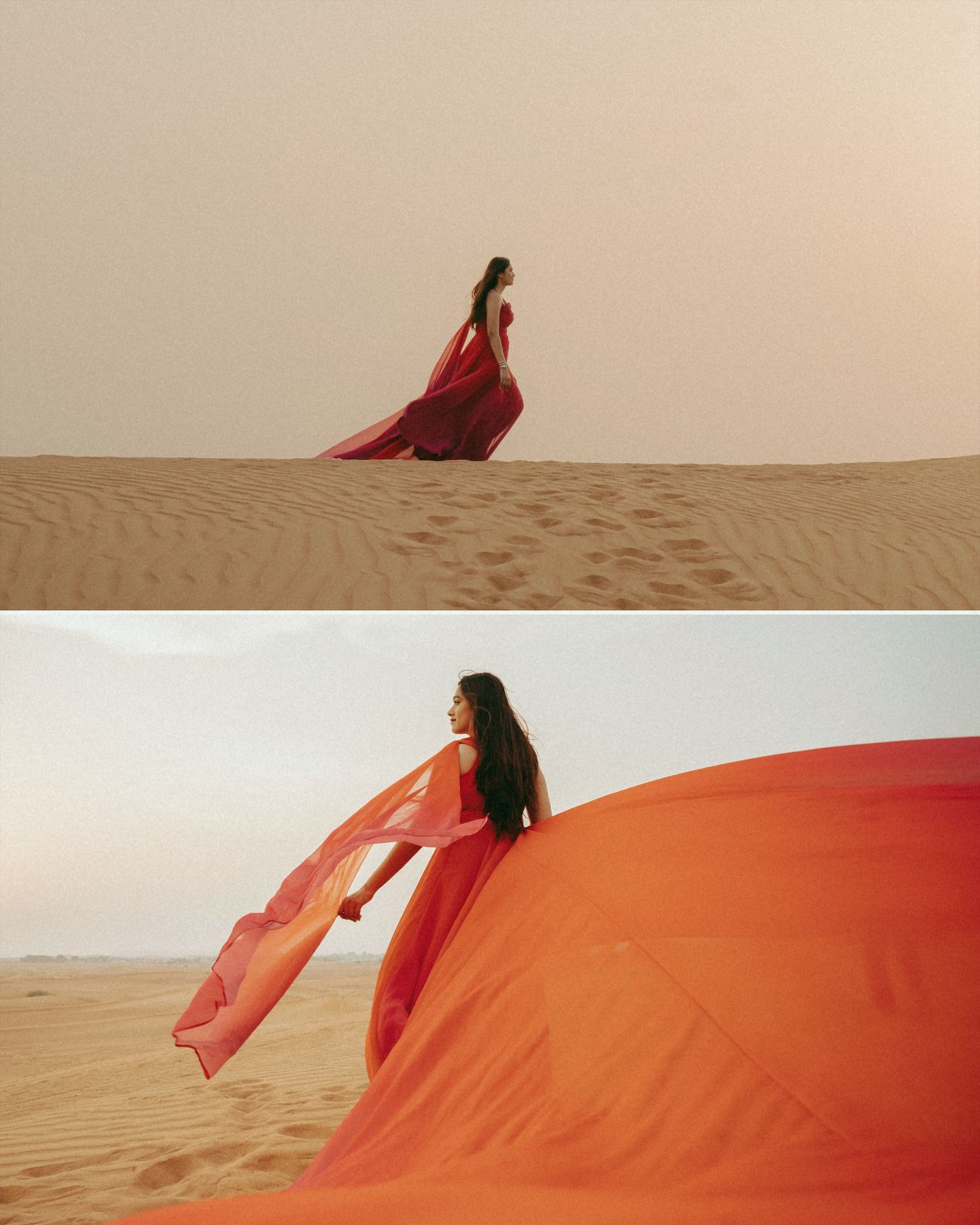 Woman in flowing red dress standing on desert sand dunes with fabric billowing in the wind.