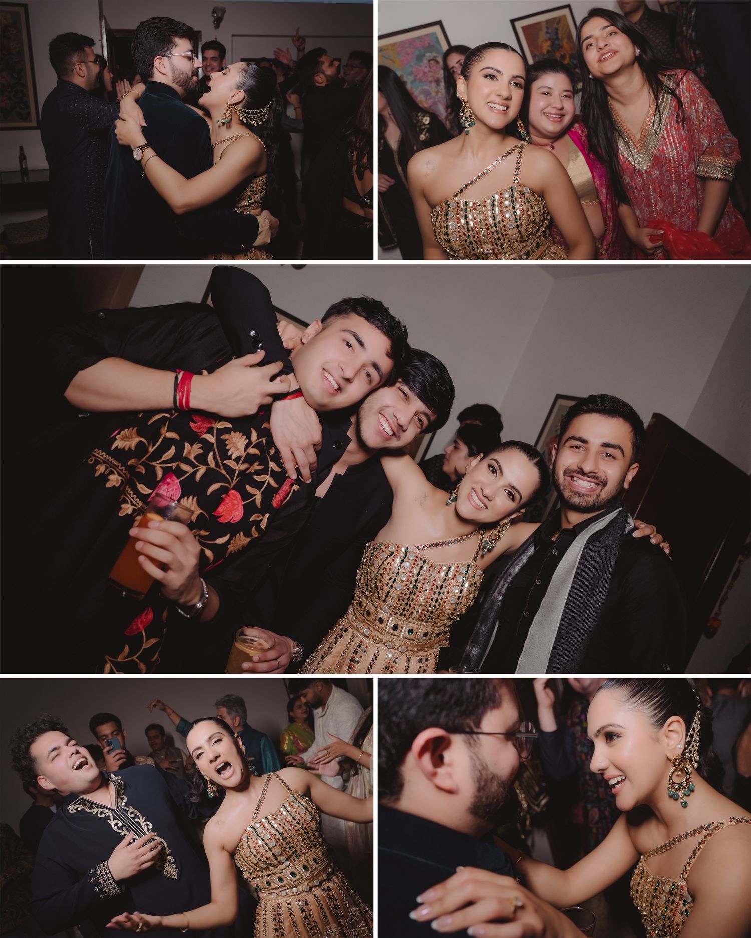 Friends dancing and celebrating at an elegant Indian party, wearing traditional and formal attire in a warmly lit venue.