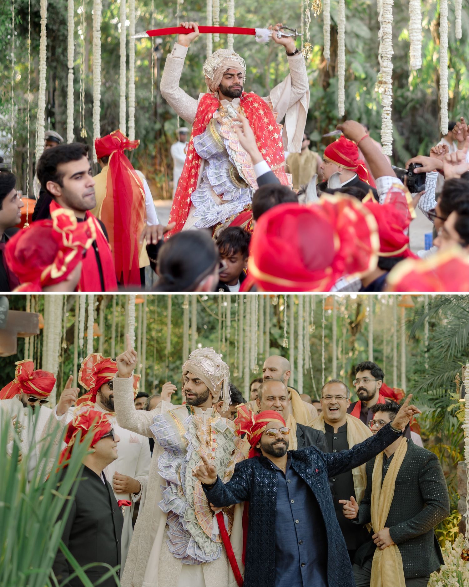 Groom in white sherwani holds sword aloft during vibrant Indian baraat wedding procession surrounded by celebrating guests.