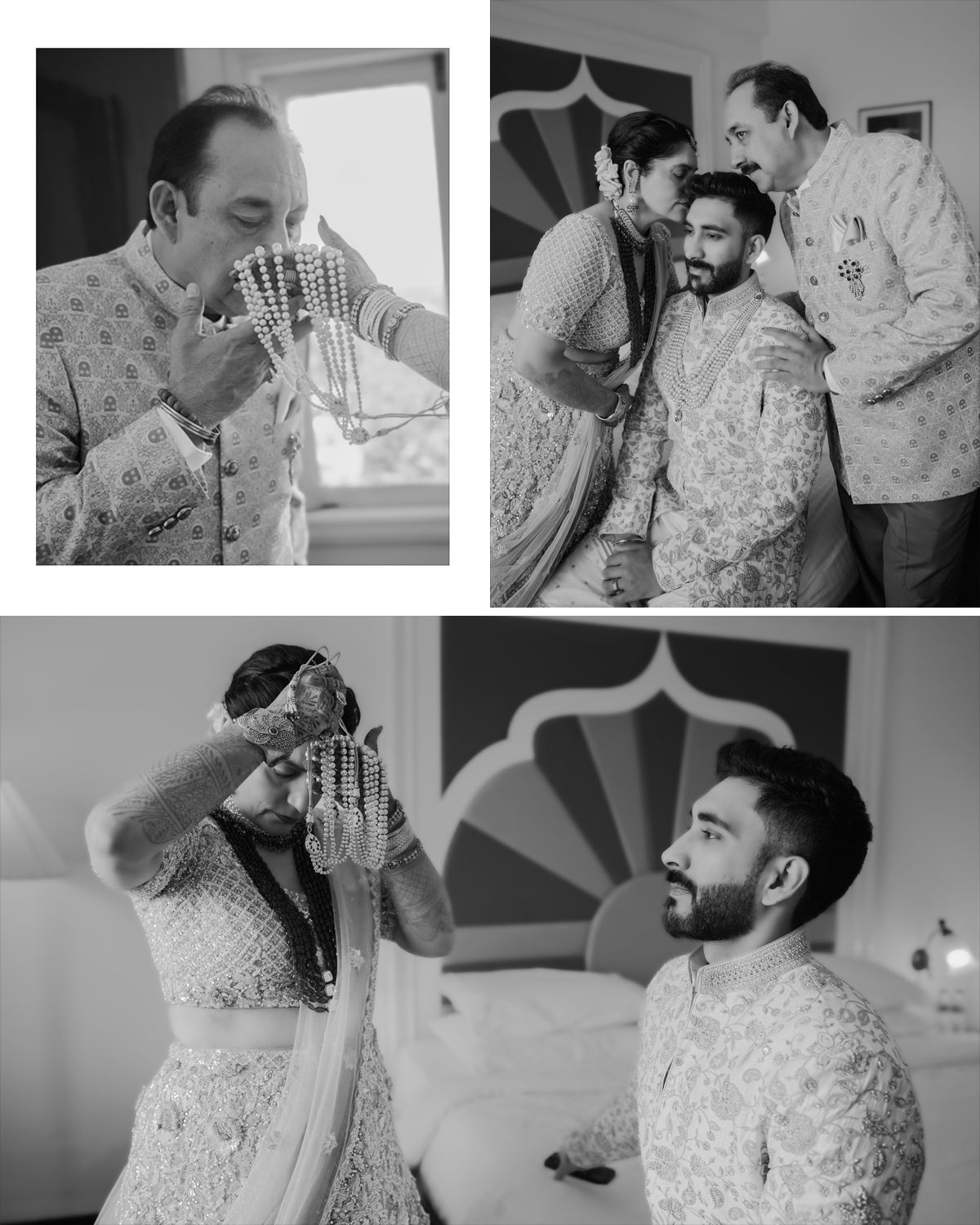Four candid black and white photos showing wedding preparations and joyful moments.