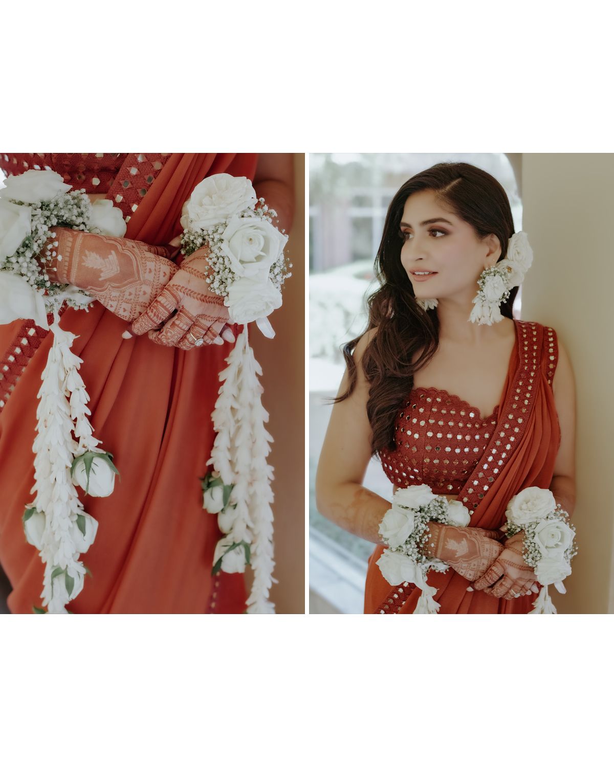 Split image showing henna decorated hands and bride in red traditional dress with white floral accessories.