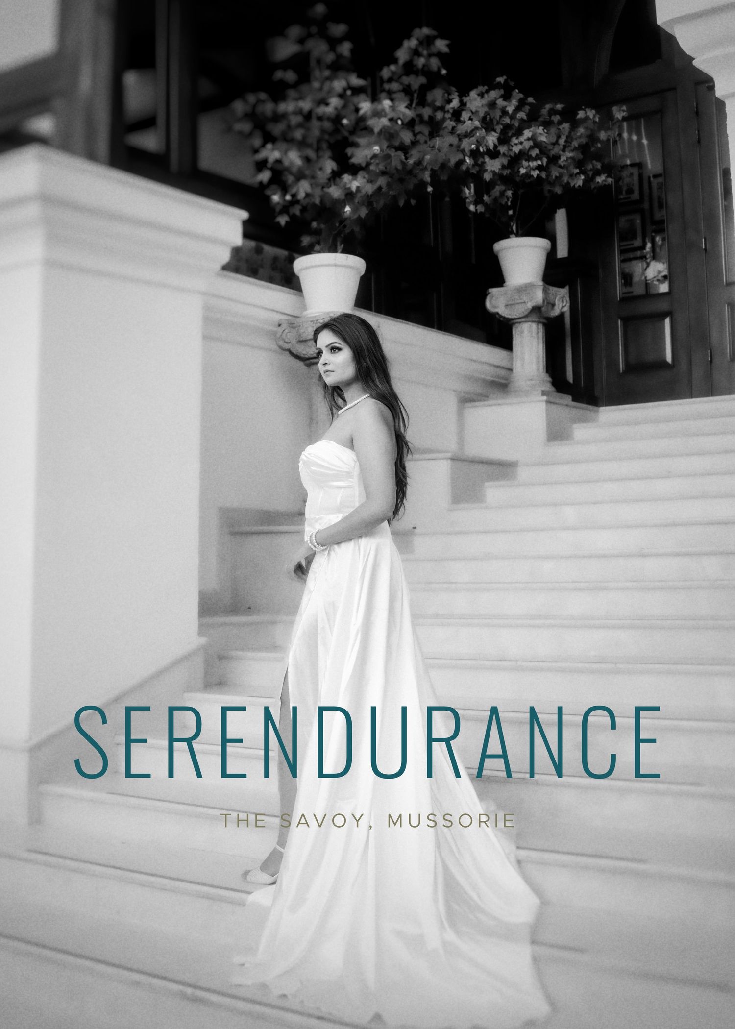 A figure in a flowing white wedding gown poses elegantly on grand marble steps outside The Savoy in Missouri.