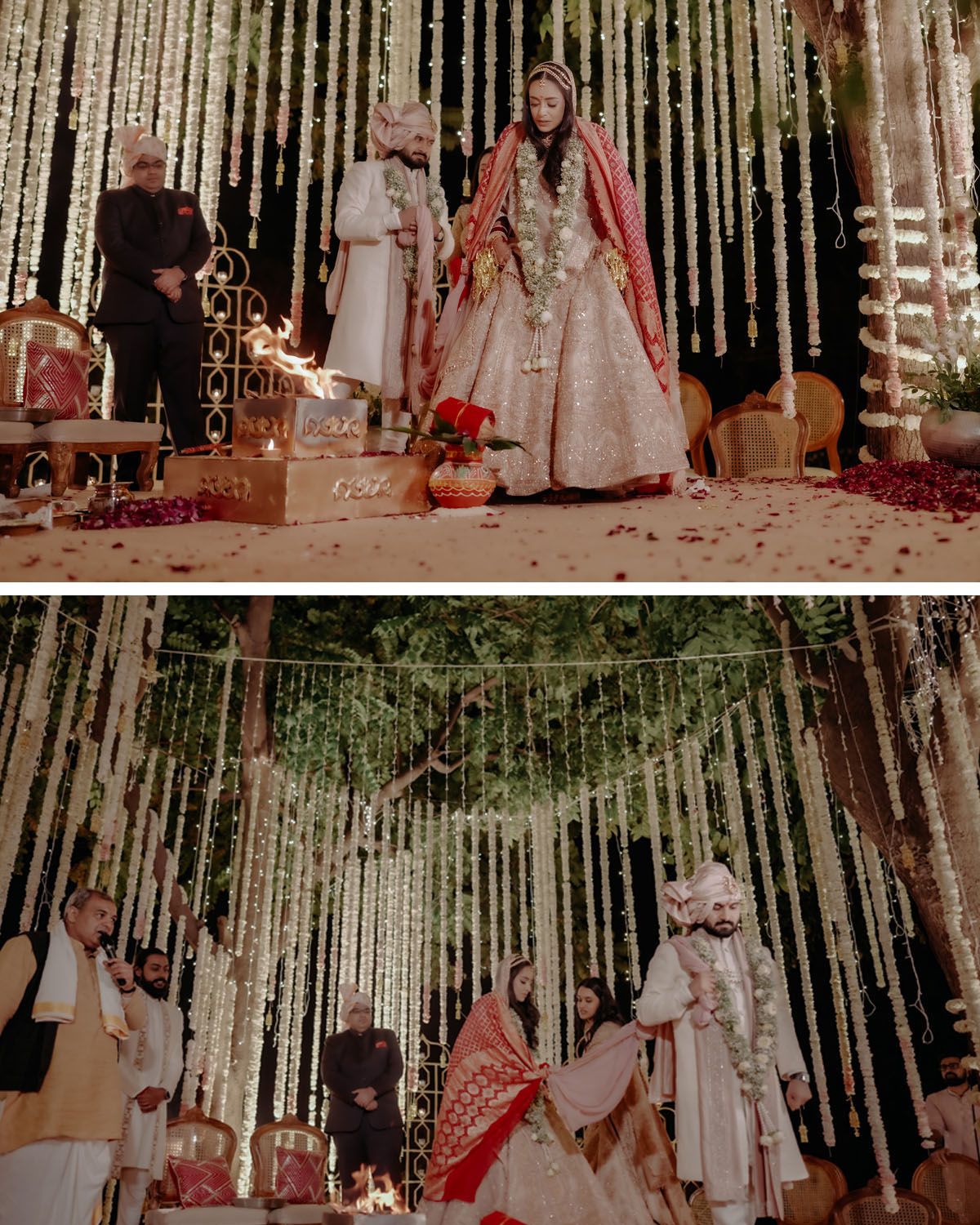 A wedding ceremony scene with elegant string light decor and floral arrangements in white and red colors against a dreamy garden setting.