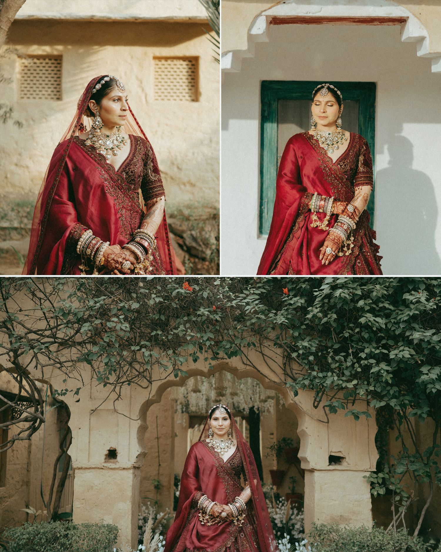 Bride in red bridal lehenga with gold jewelry poses at a Rajasthani haveli in three elegant outdoor portraits.