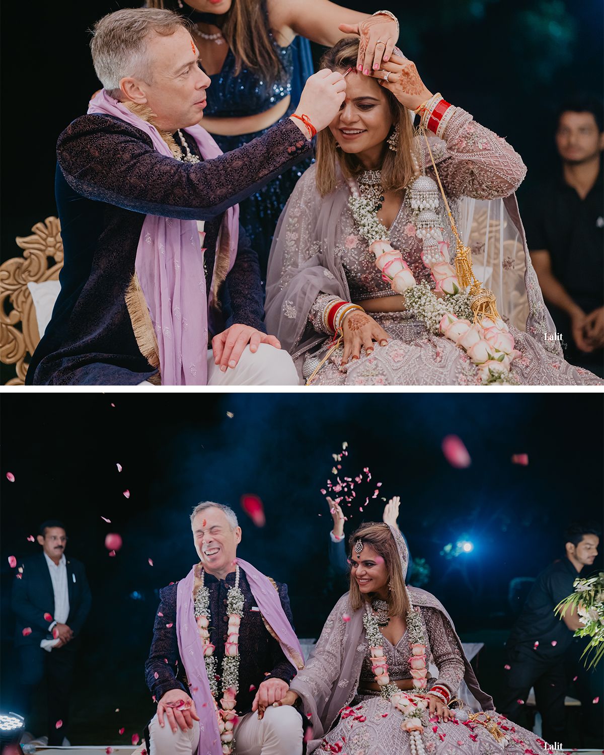 Wedding ceremony moments with colorful confetti and traditional rituals being performed.