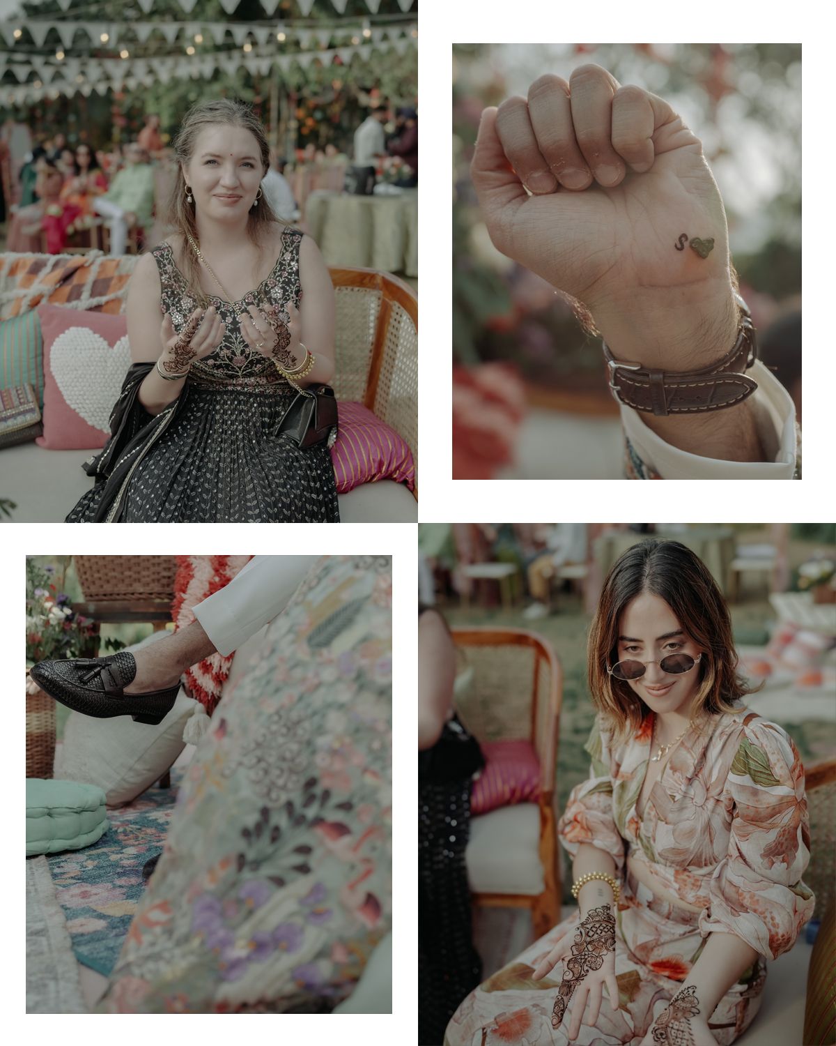 A collage showing wedding mehndi details and guests enjoying festivities.