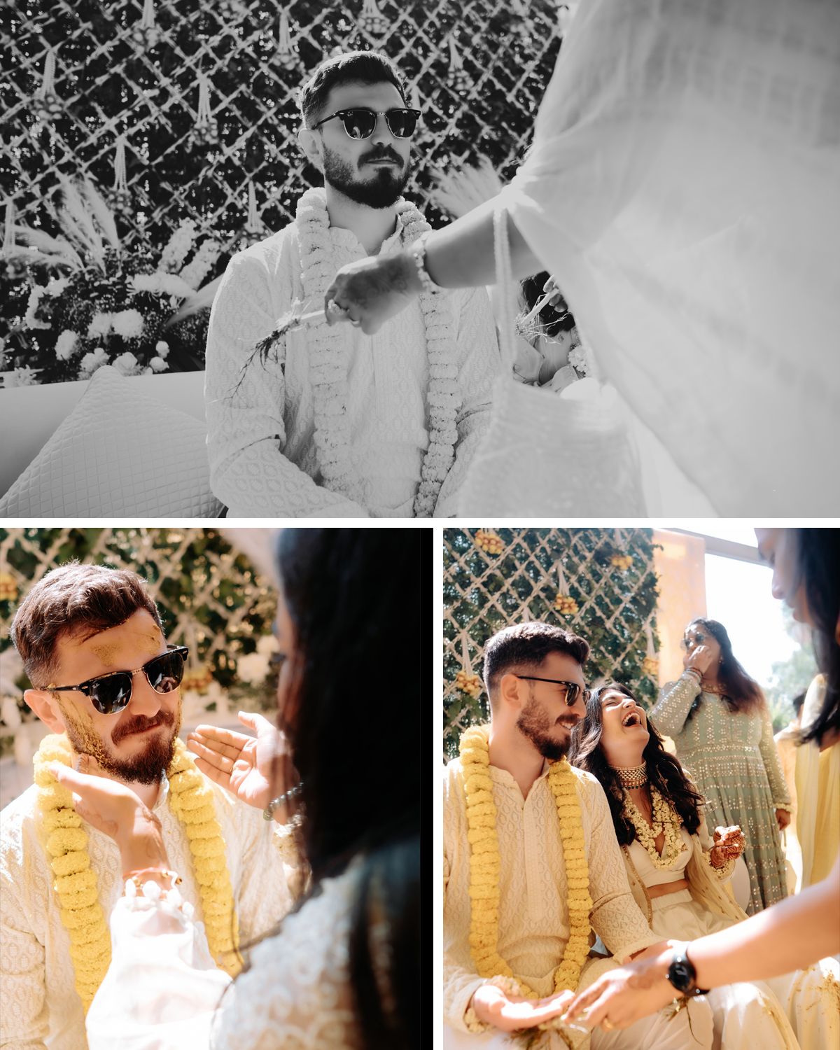 Collection of black and white celebration photos showing guests in traditional formal attire.