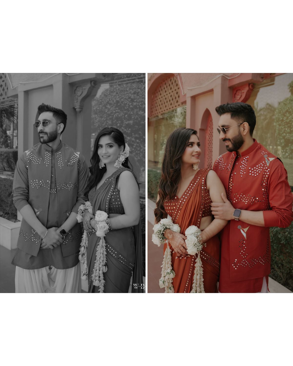 Side-by-side comparison of color and black-and-white photos of couple in traditional Indian attire.
