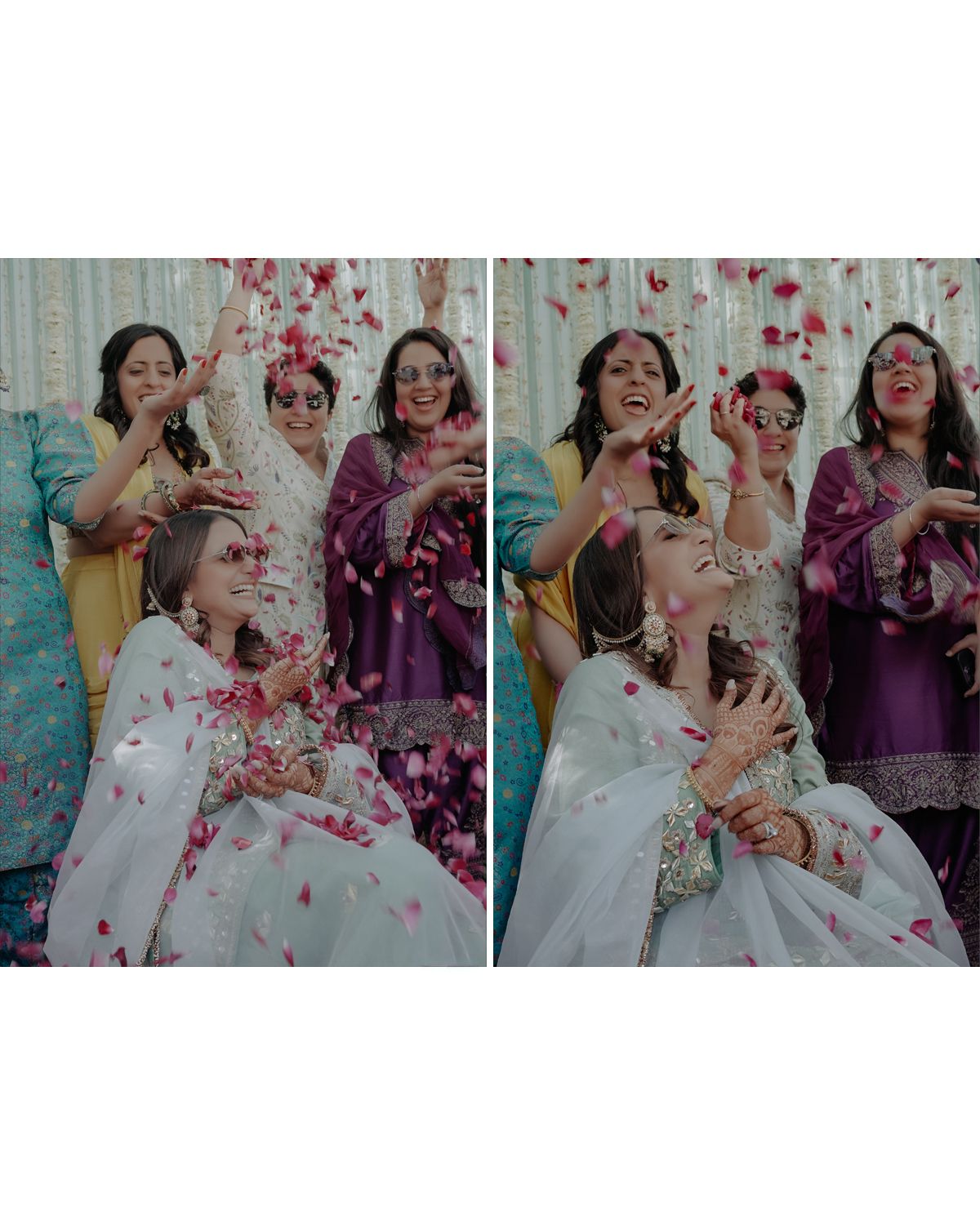 Side by side photos capture bride and friends enjoying rose petal shower celebration.