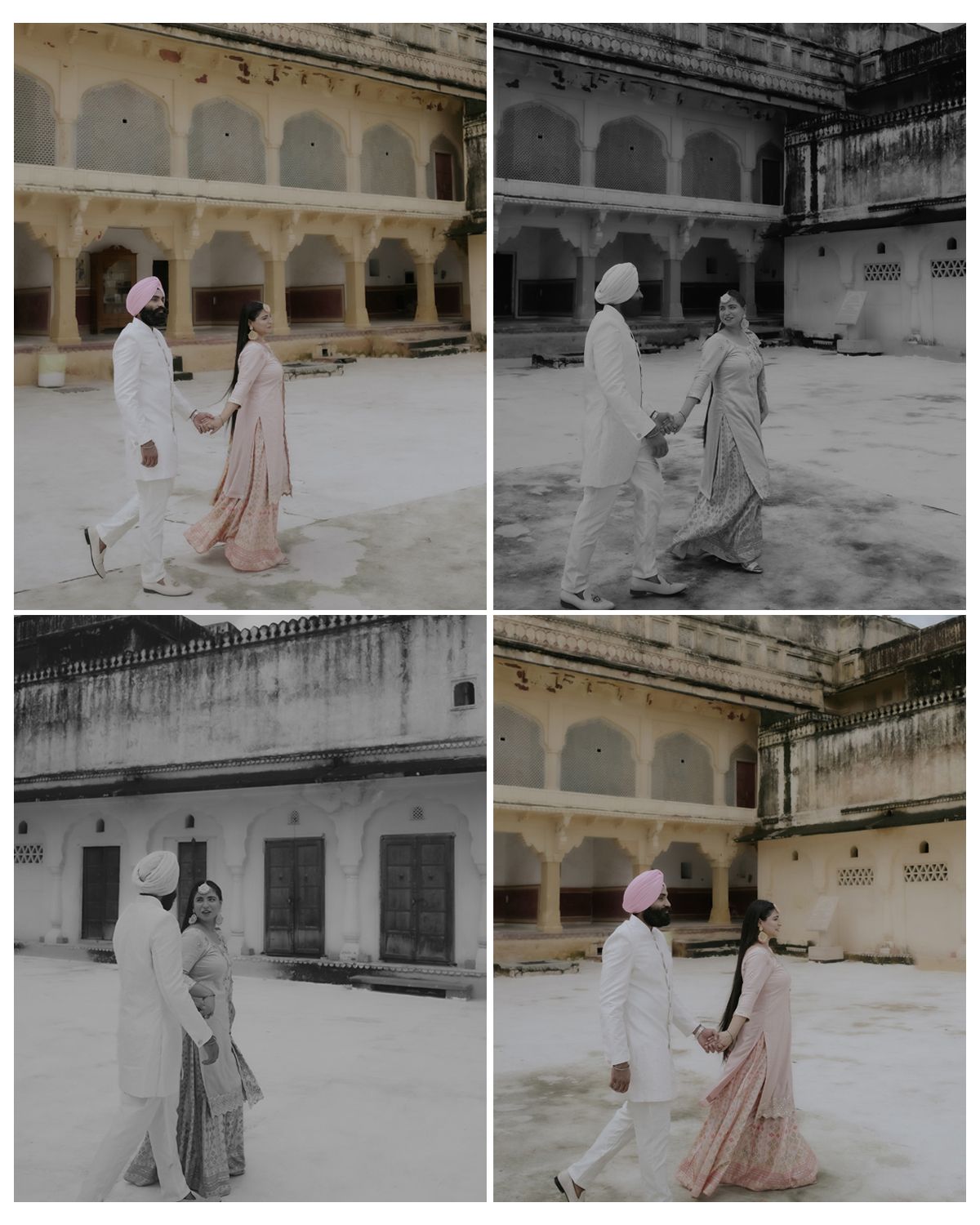 Four vintage-style photographs showing a couple walking through a historic courtyard with arched columns.