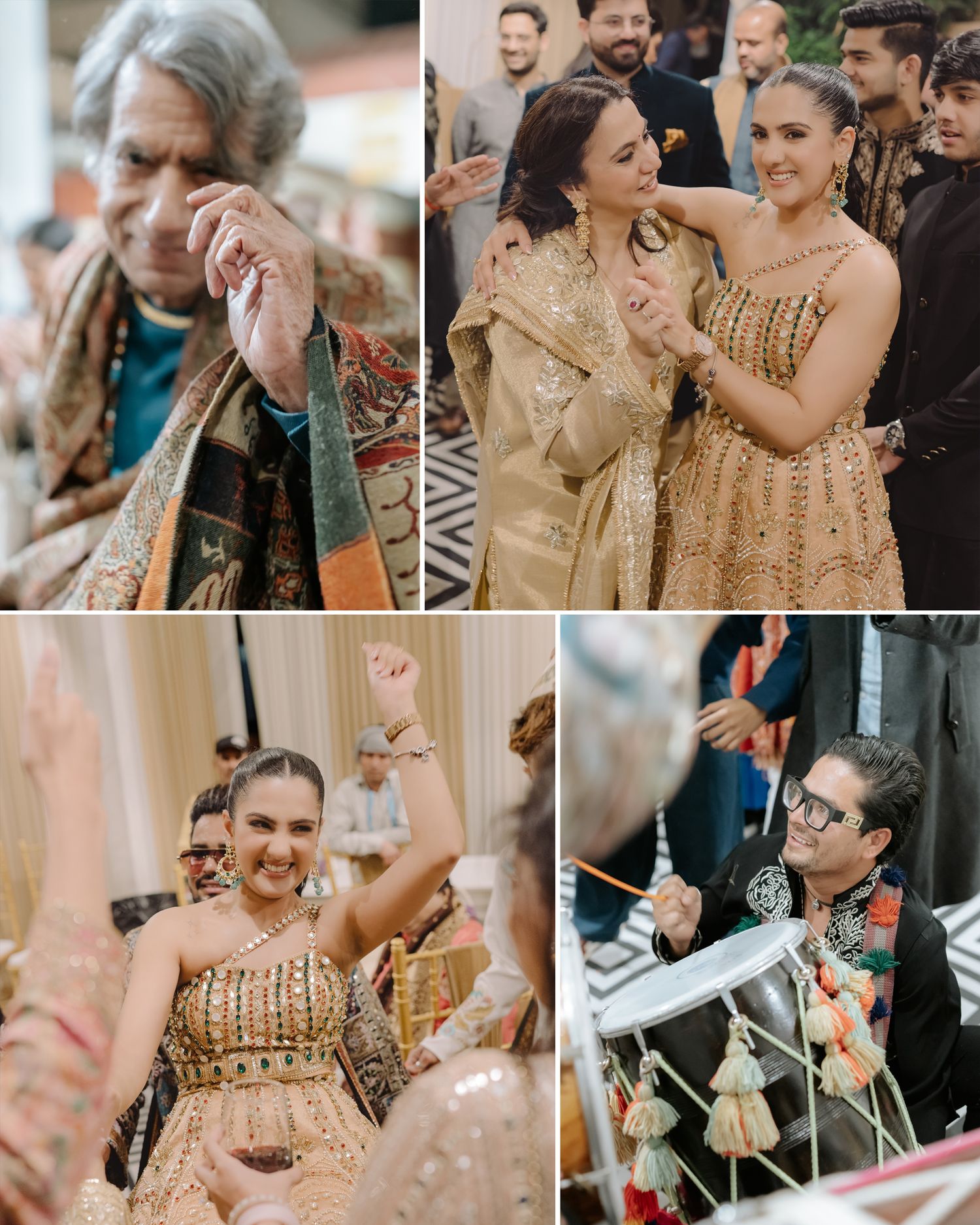 Indian wedding celebration collage featuring emotional elder, two women in gold lehengas, bride dancing, and dhol player performing.