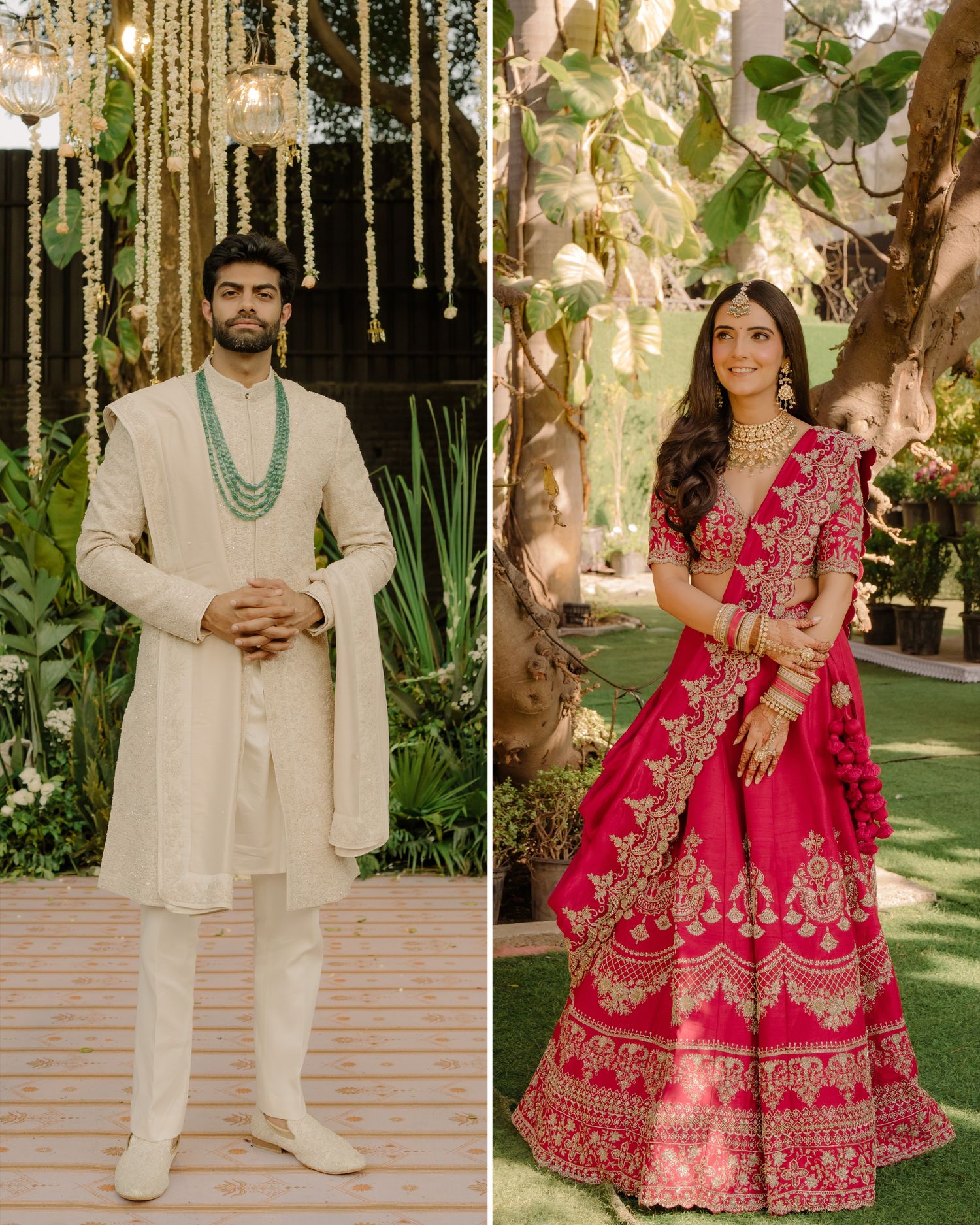 Indian couple in traditional wedding attire, man in cream sherwani with turquoise necklace, woman in red embroidered lehenga.