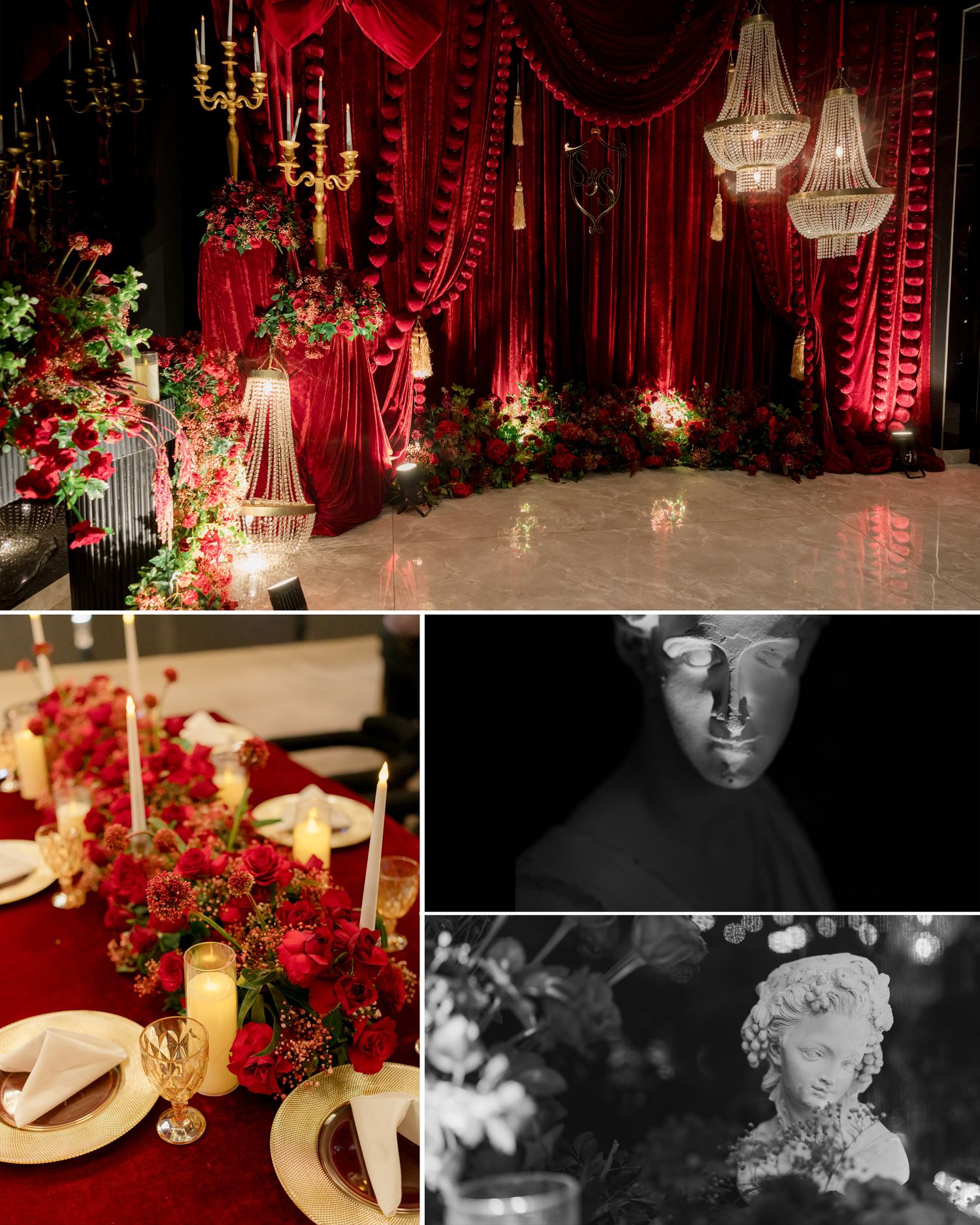 Opulent red velvet wedding decor with chandeliers, candelabras, floral arrangements, elegant table setting, and dramatic black-and-white sta