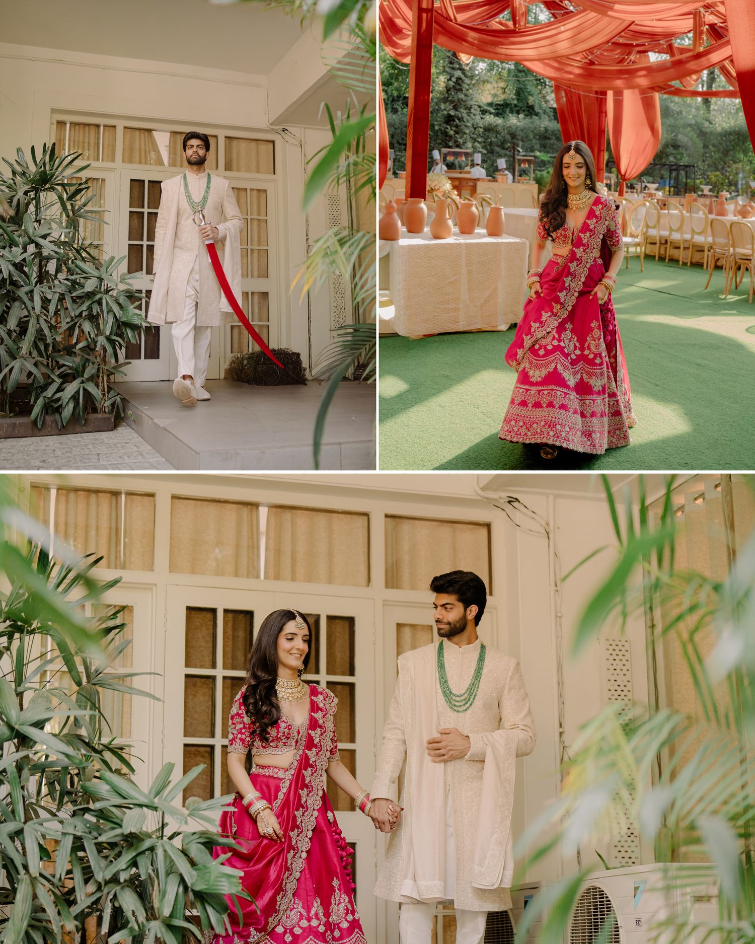 Indian couple in traditional wedding attire, groom in white sherwani with green necklace, bride in pink embroidered lehenga.