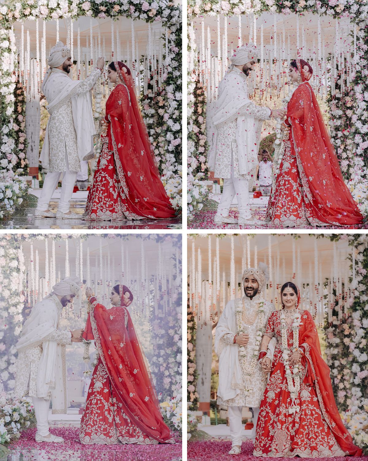 Wedding ceremony progression showing couple in white and red traditional attire under floral canopy.