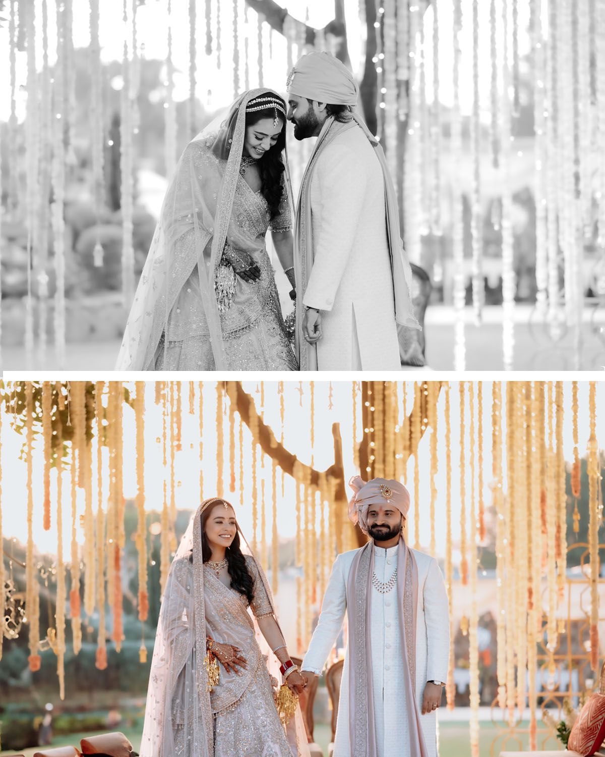 Two wedding photos showing a couple in traditional South Asian wedding attire under hanging decorations.