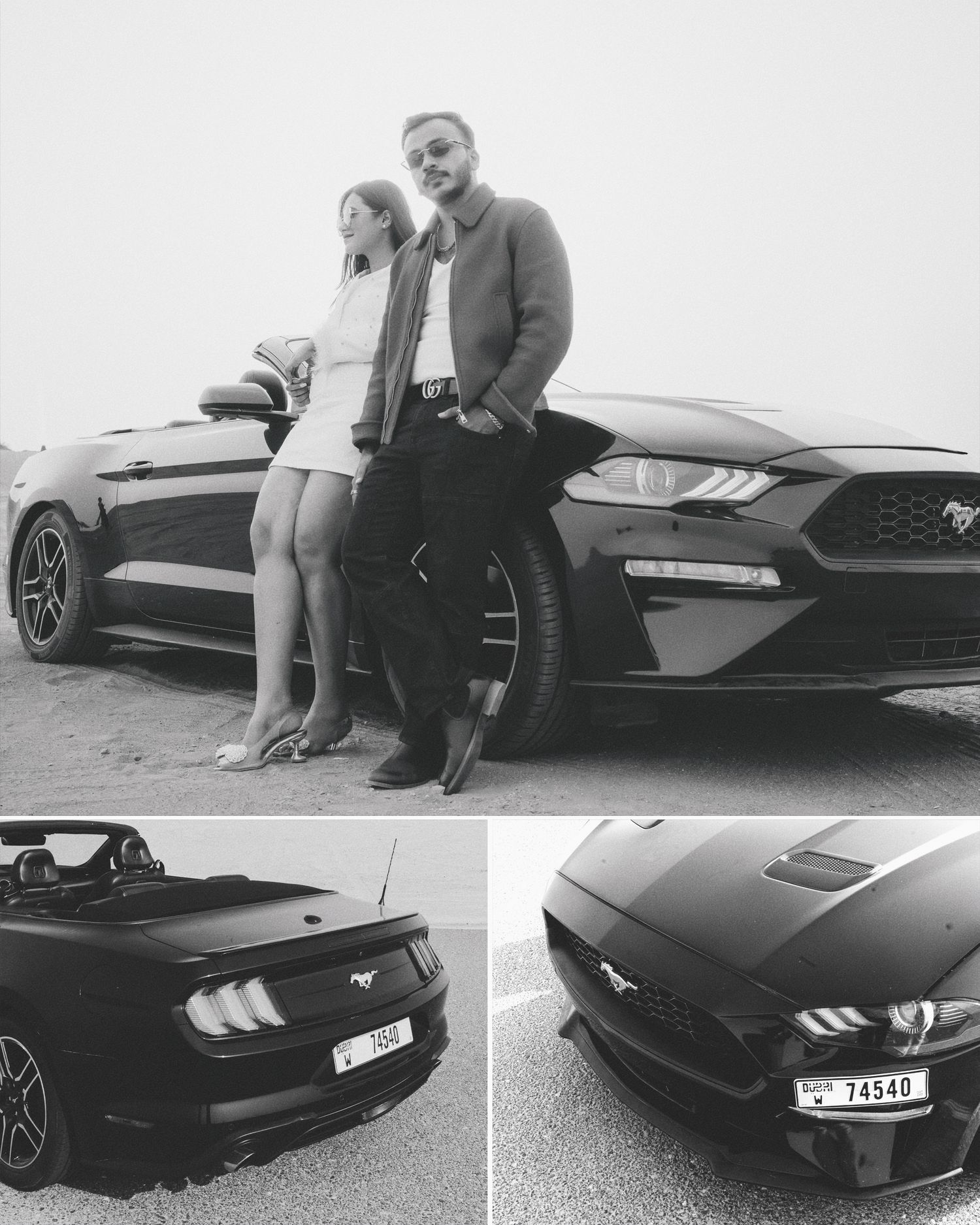 Black and white collage of a couple posing by a Ford Mustang convertible in Dubai, with close-up shots of the car.