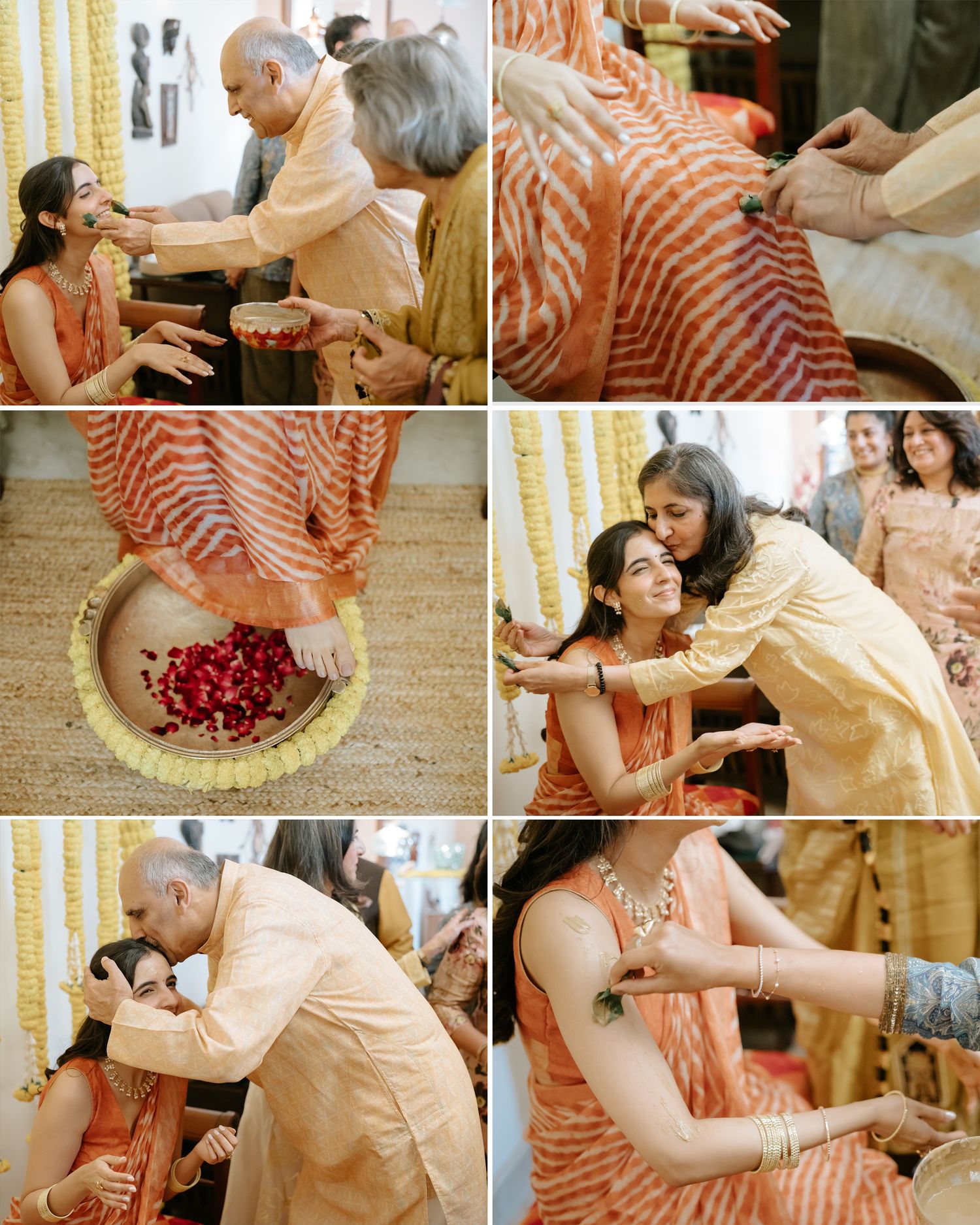 Indian wedding ceremony with family members performing traditional rituals, exchanging flower garlands and blessings in warm orange attire.