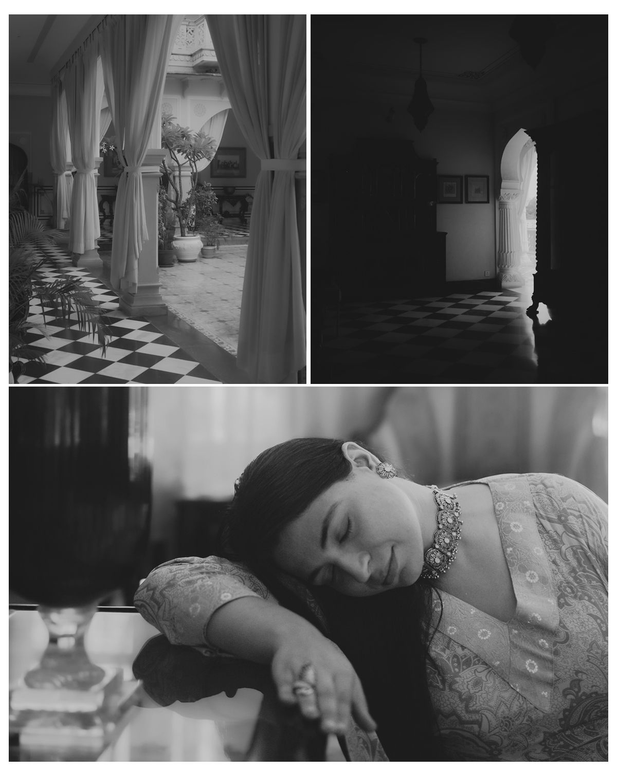 Collection of vintage interior and architectural photos featuring curtained archways and classic styling.