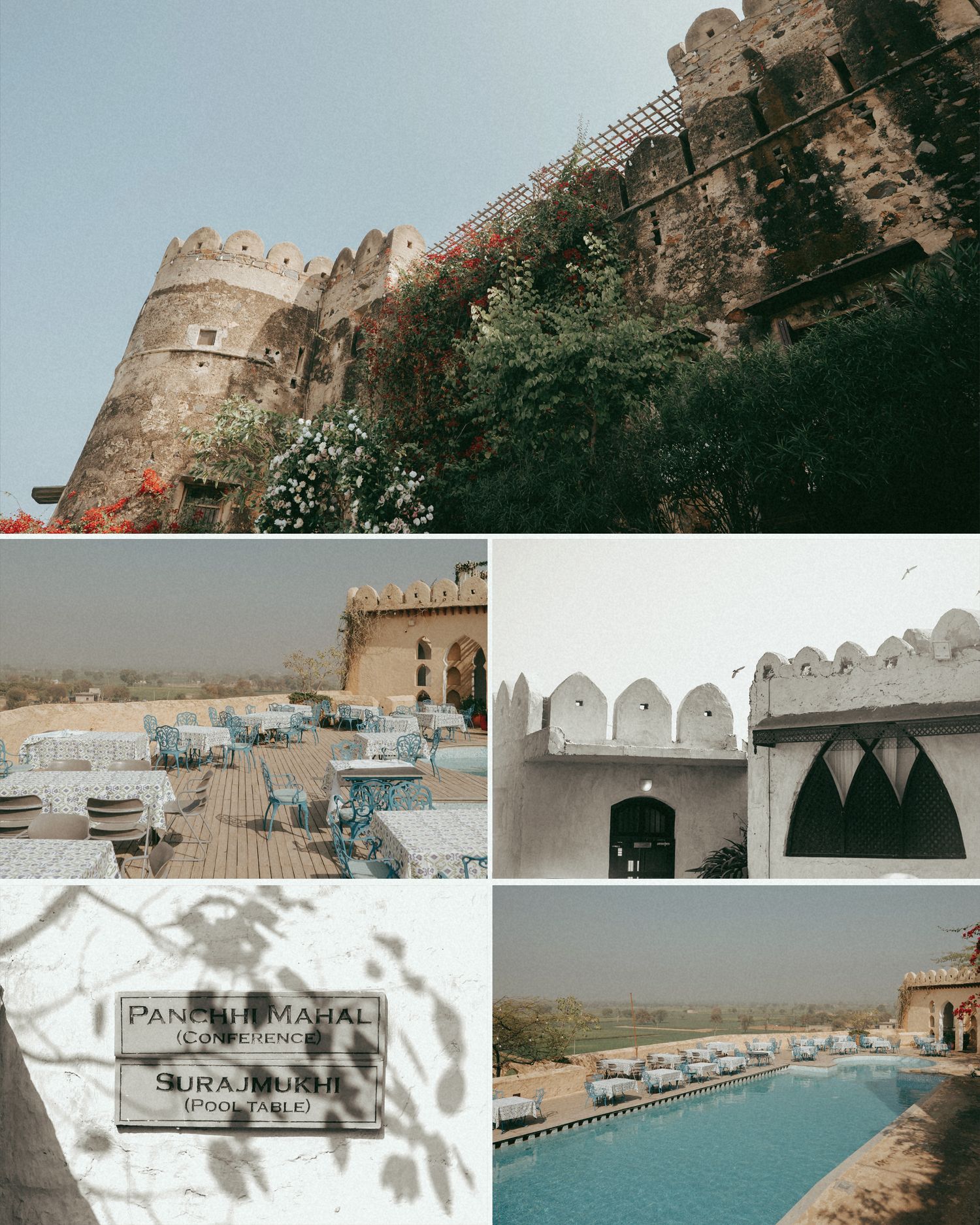 Collage of Panktu Mahal heritage fort in Surajkund, India, featuring stone walls, outdoor dining, arched gates, and a scenic pool.