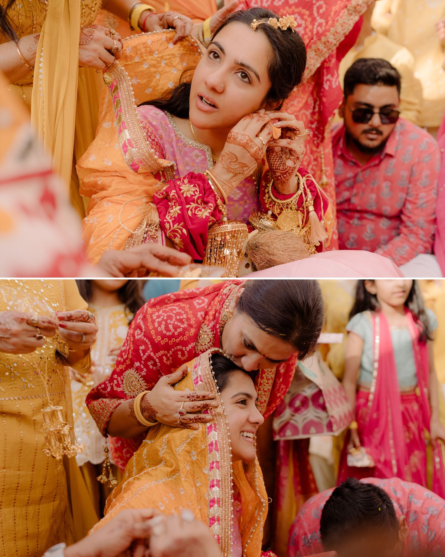 A woman in orange and pink traditional Indian attire during a wedding ceremony with henna-adorned hands.