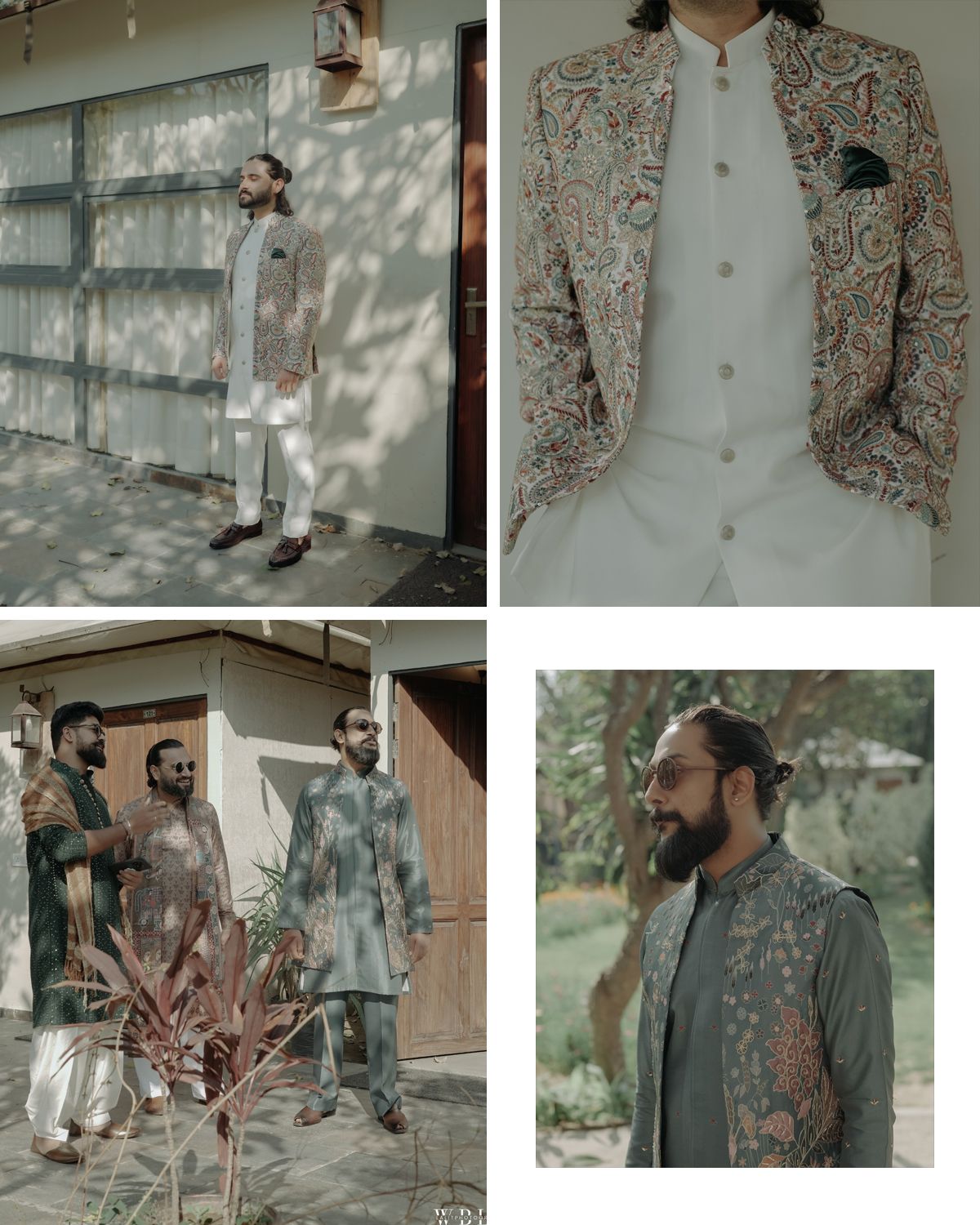 Fashion portraits of men wearing elegant traditional wedding attire with intricate embroidered details.