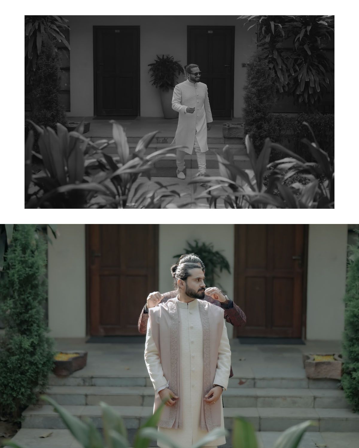 A person wearing traditional white Indian attire stands on steps near tropical plants in both black and white and color photos.