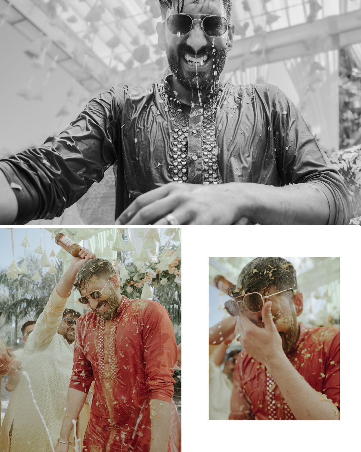 Collage of candid moments during a traditional Indian wedding celebration with confetti and festivities.