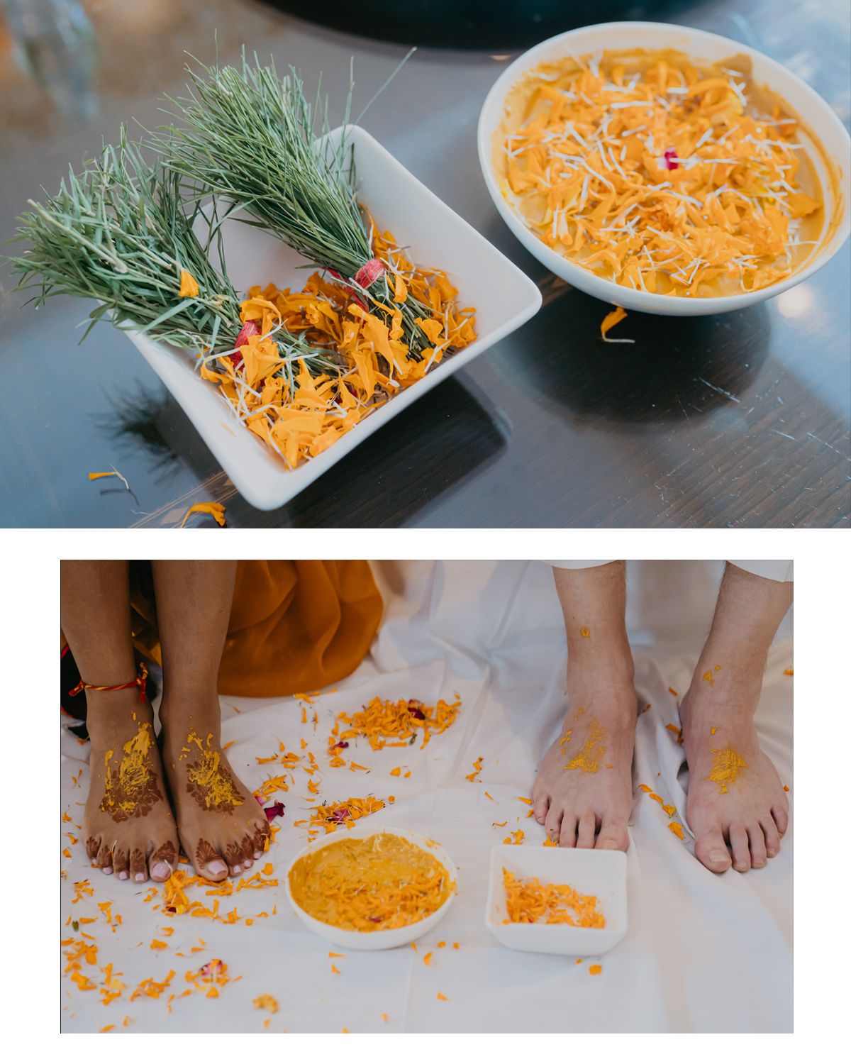 Bowls of bright yellow turmeric powder and fresh dill garnish arranged on a dark surface.