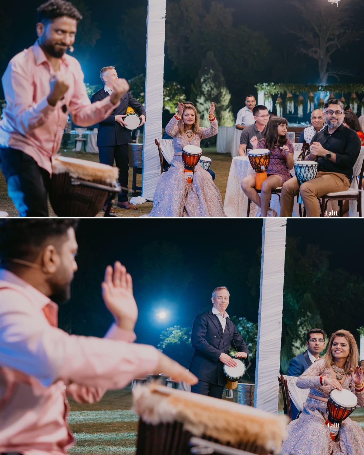 Interactive drum circle performance during an outdoor evening celebration.
