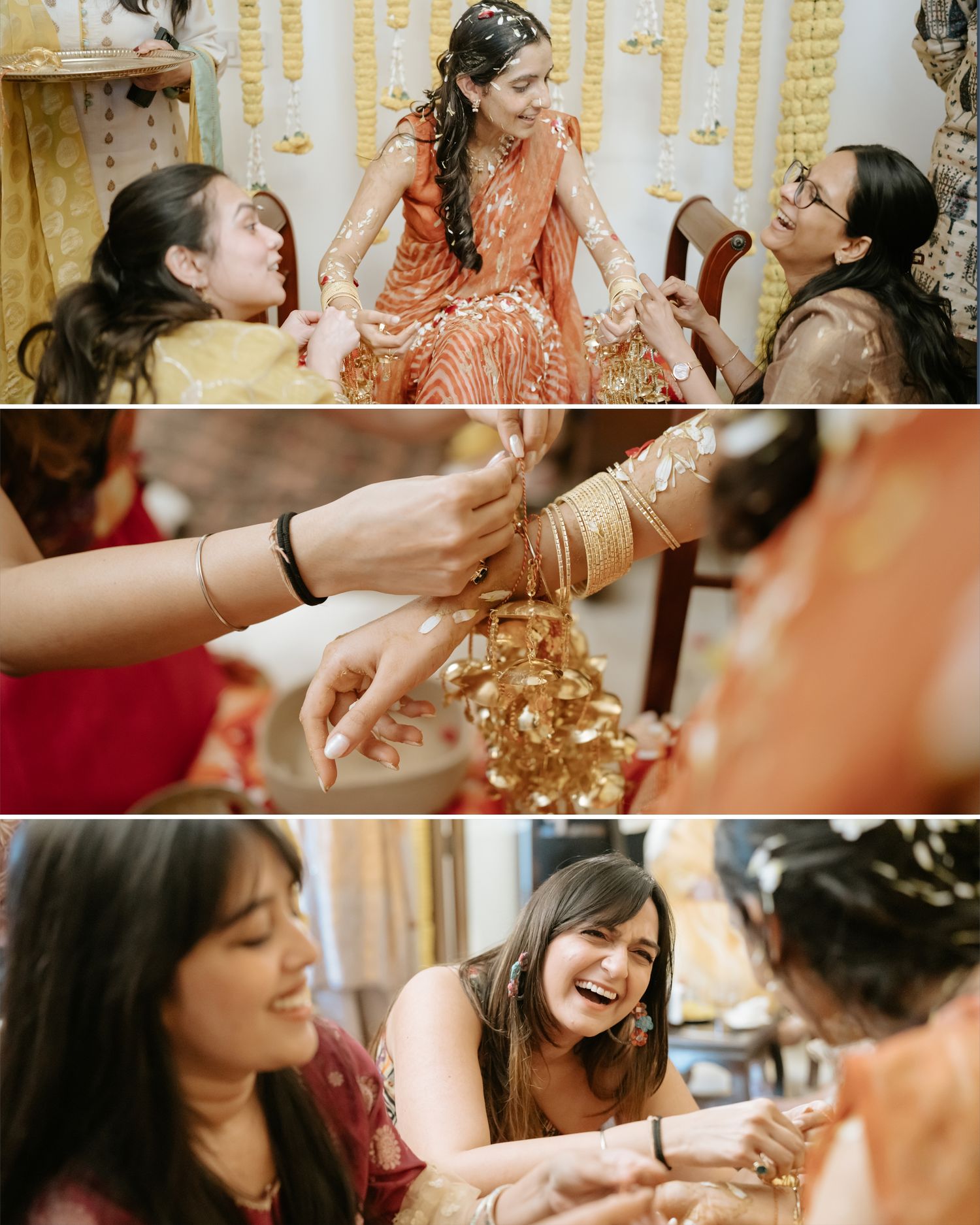 A bride in orange lehenga laughs with friends during a traditional Indian wedding bangles ceremony.