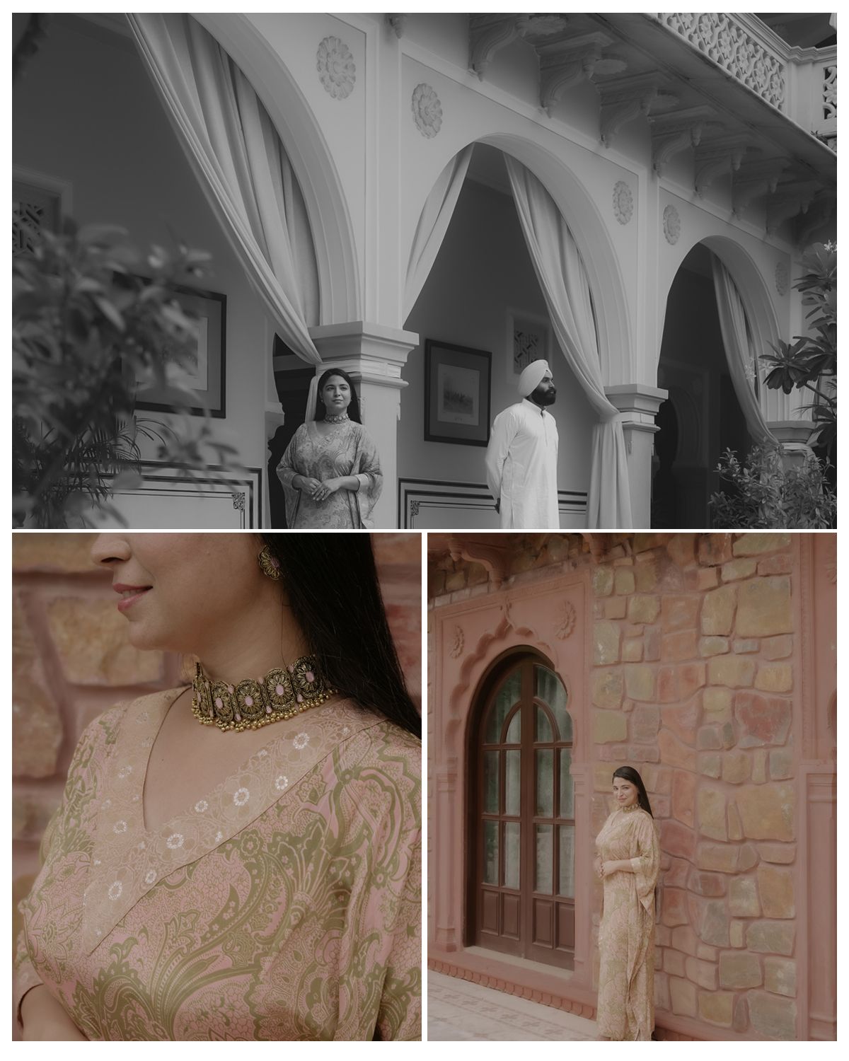 Collage showing traditional architectural details and ornate jewelry against pink stone walls.