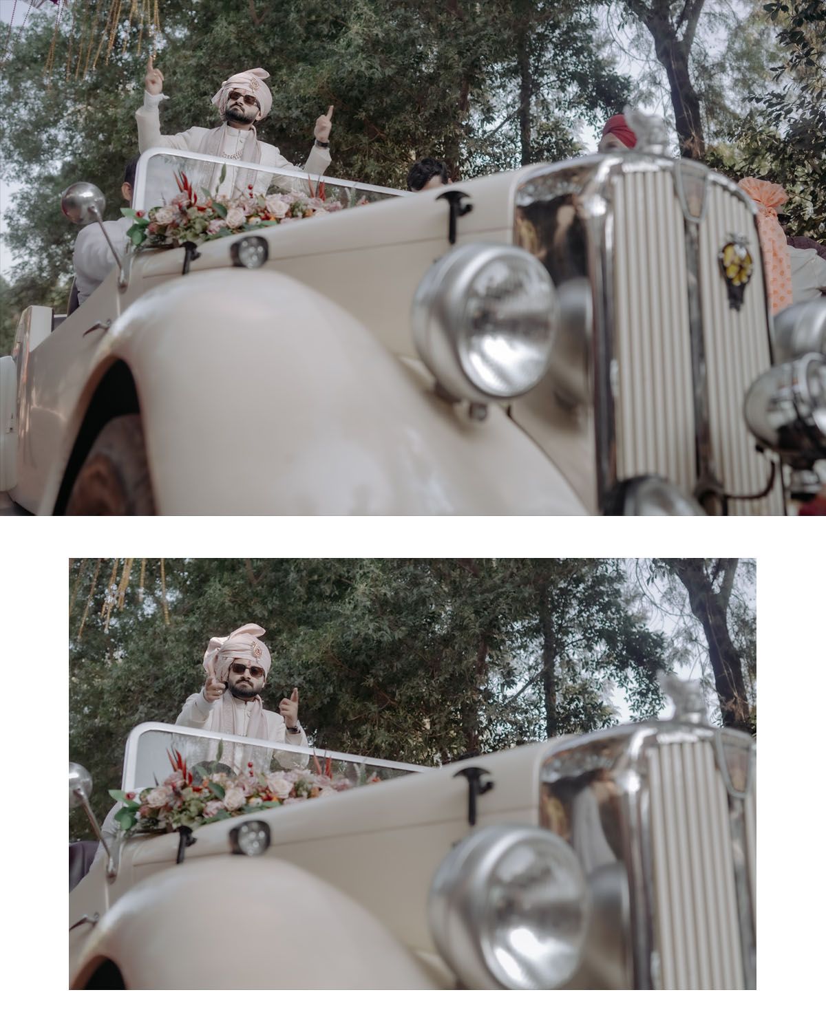 A pink pug sits at the wheel of a classic cream-colored vintage car while wearing a floral collar.