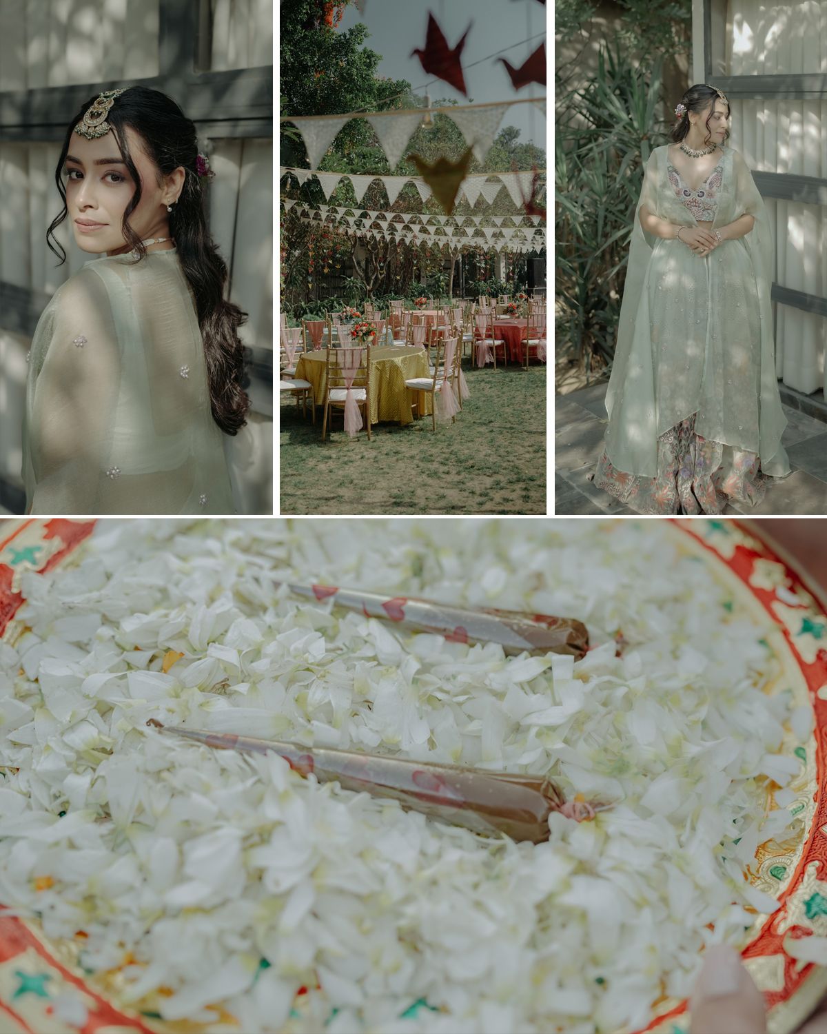 Wedding photo collection featuring bridal portraits, outdoor decor, and a plate of traditional rice.