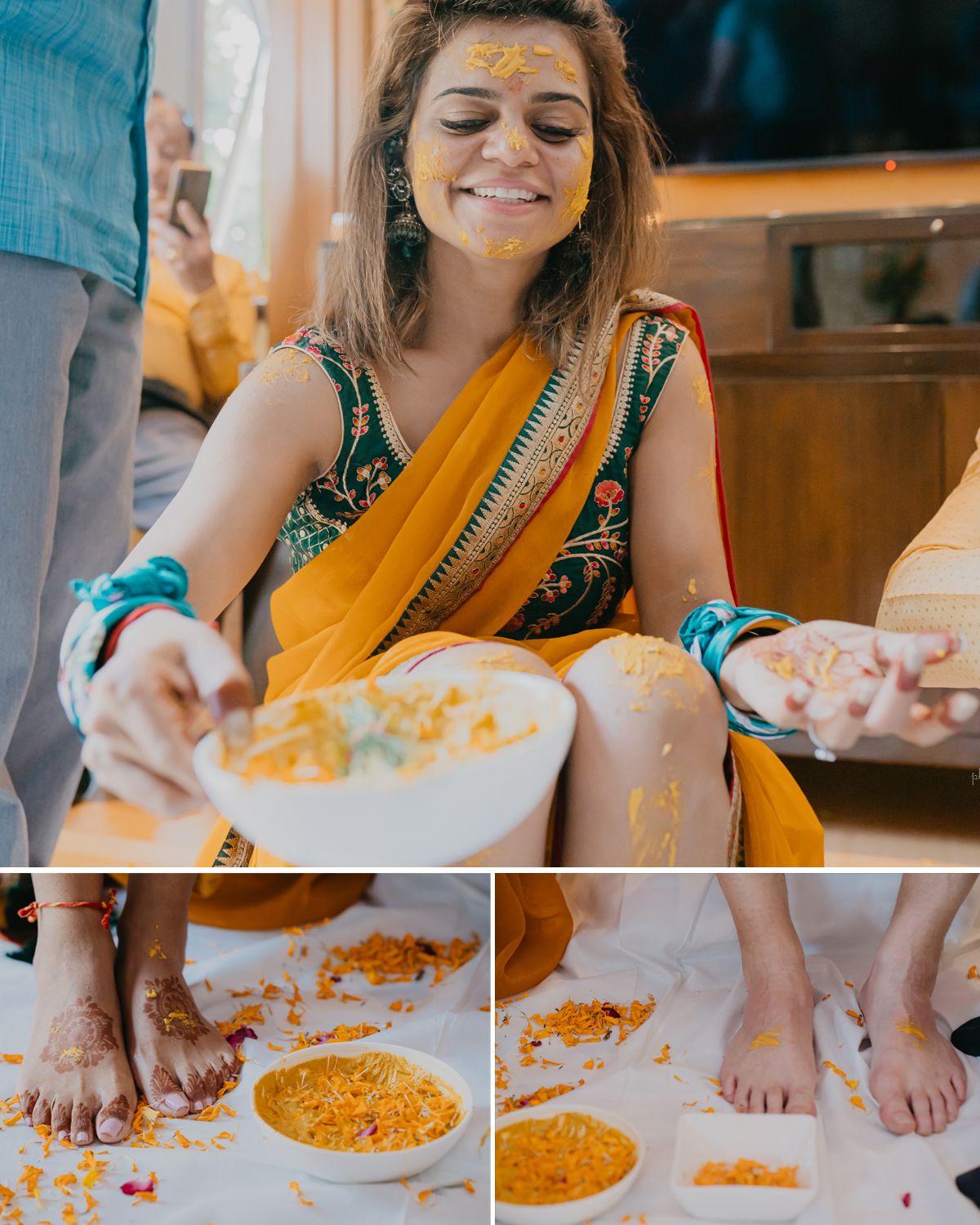 Woman in traditional Indian attire participates in Haldi ceremony with turmeric powder.
