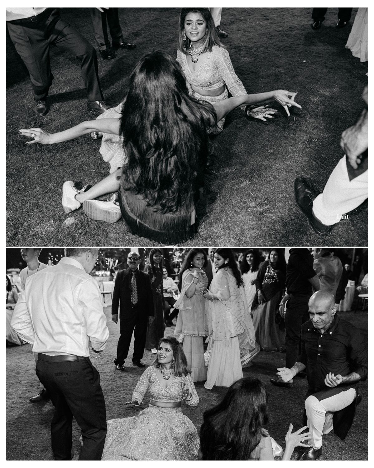 Black and white shots of guests dancing and celebrating at a wedding reception.
