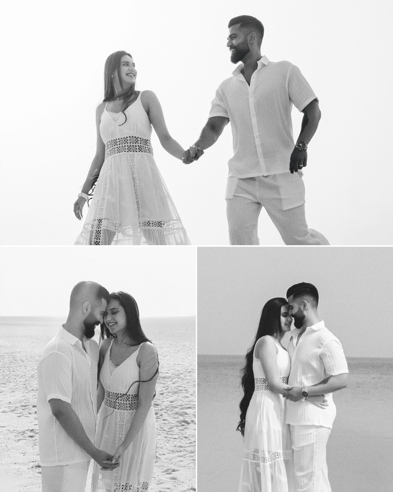 Black and white collage of a couple in white outfits posing romantically on a beach.