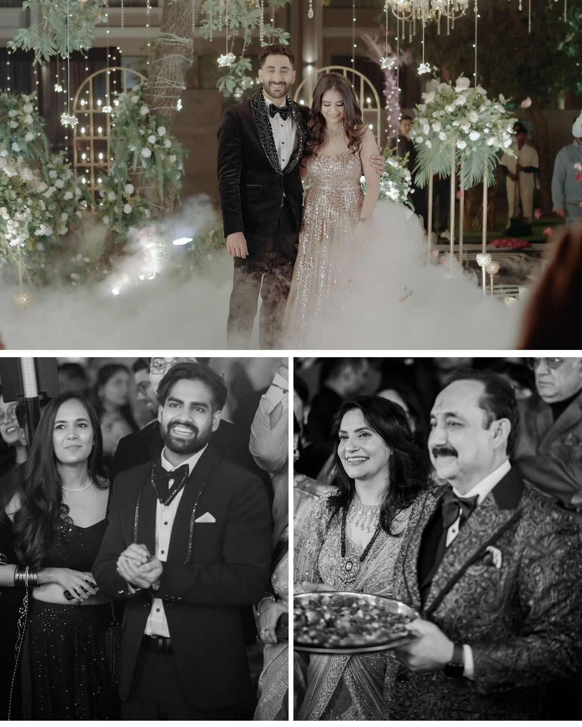 Formal celebration with elegant decor featuring couples and guests in a beautifully decorated venue.