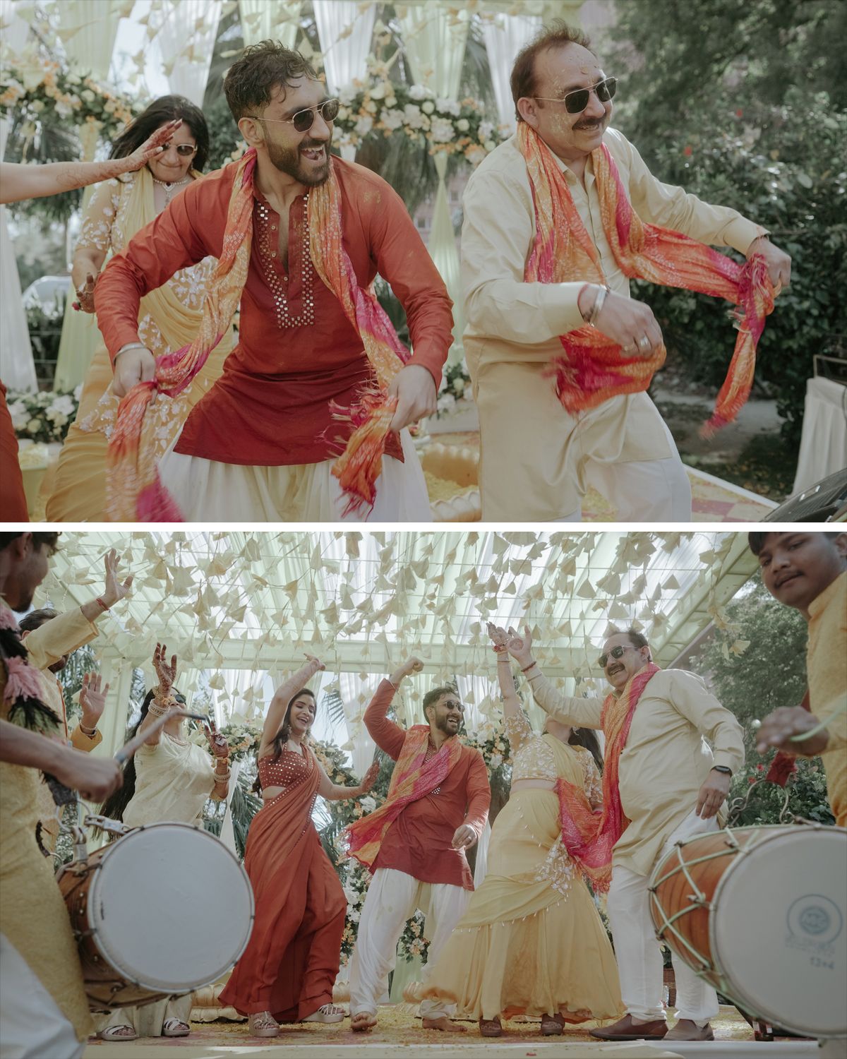 Energetic dance celebration with drums and traditional Indian wedding attire.