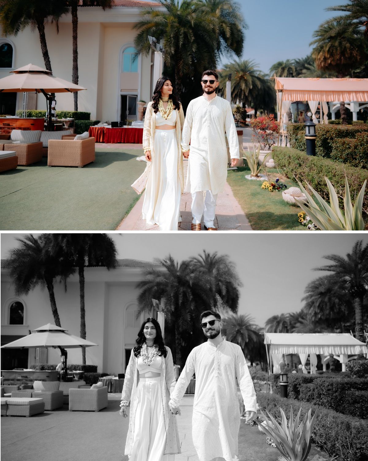 Couple in matching white traditional outfits pose together at a luxurious outdoor venue.