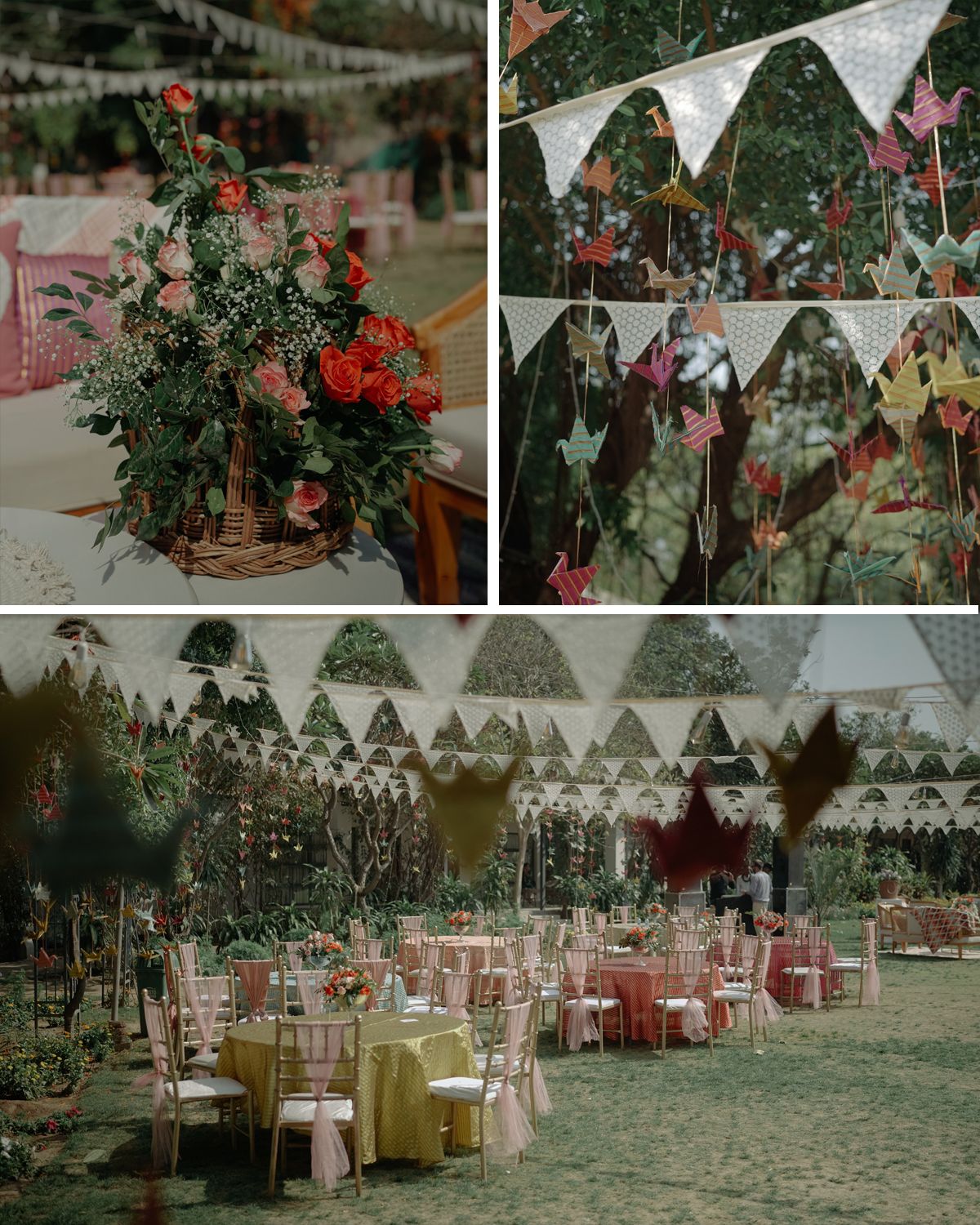 Wedding reception with floral centerpieces and dreamy outdoor setup featuring rows of tables under white bunting decorations.
