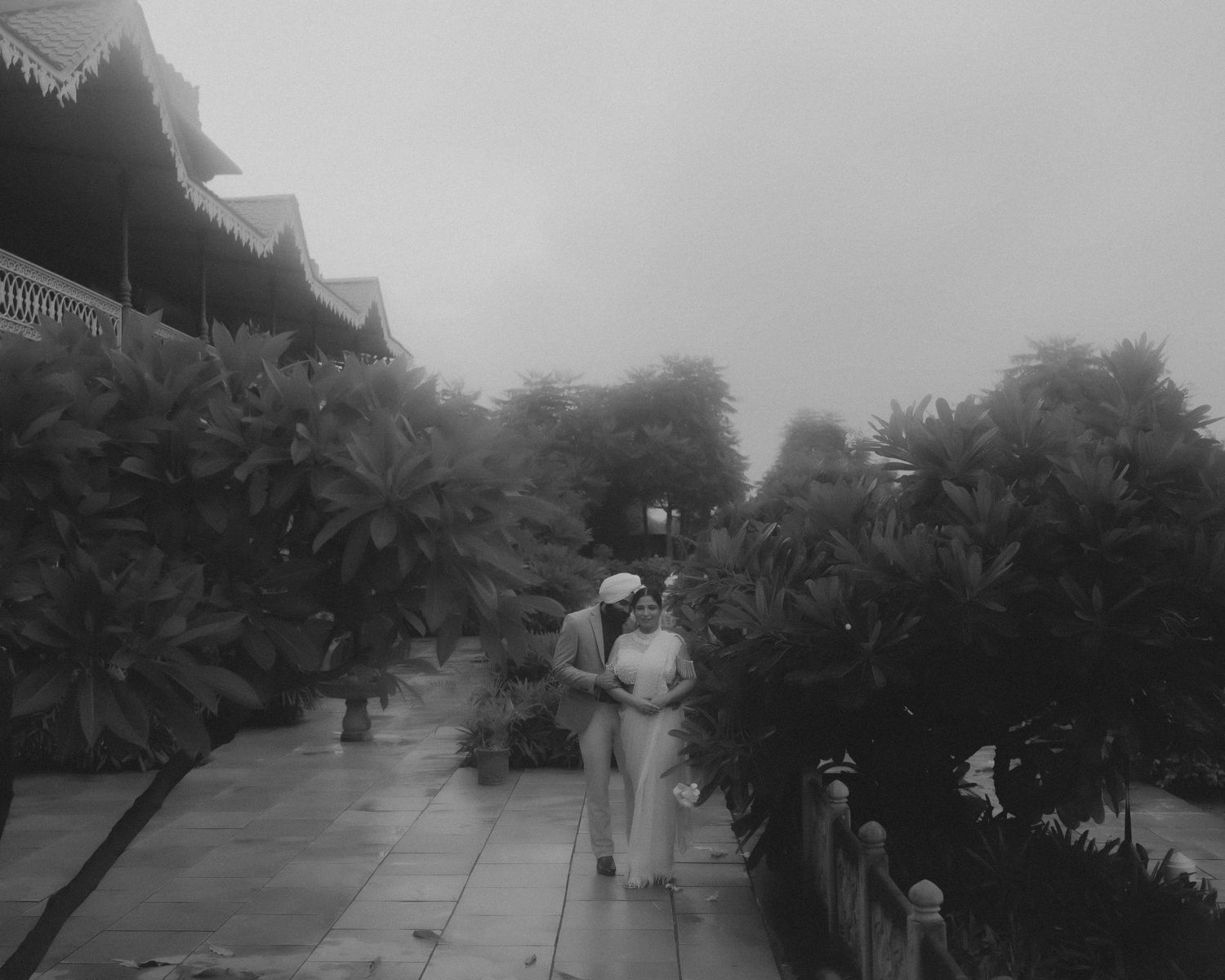 Misty garden pathway with tropical plants and architectural elements in black and white.