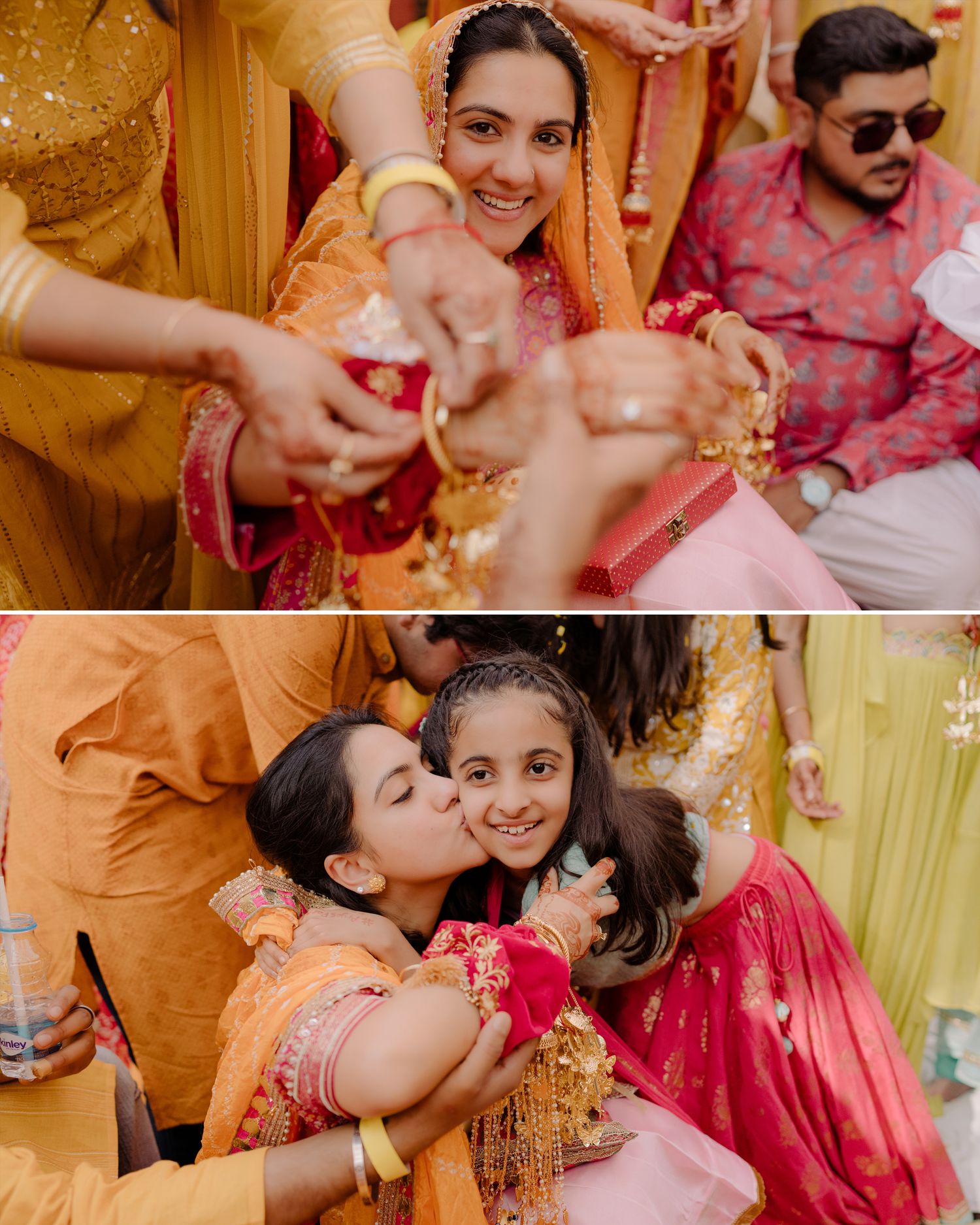 Bride in orange lehenga at Indian wedding ceremony with family, bottom shows woman kissing young girl in colorful traditional attire.