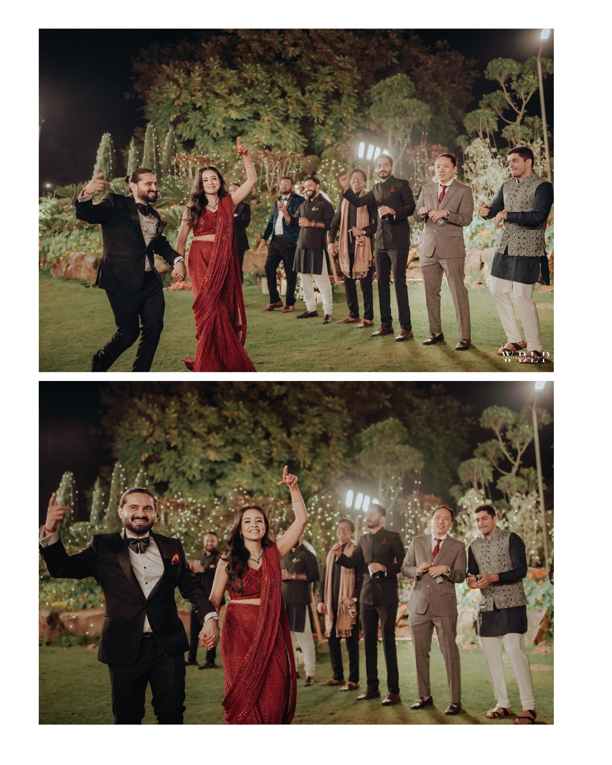 Wedding celebration with guests in formal attire cheering outdoors at night.